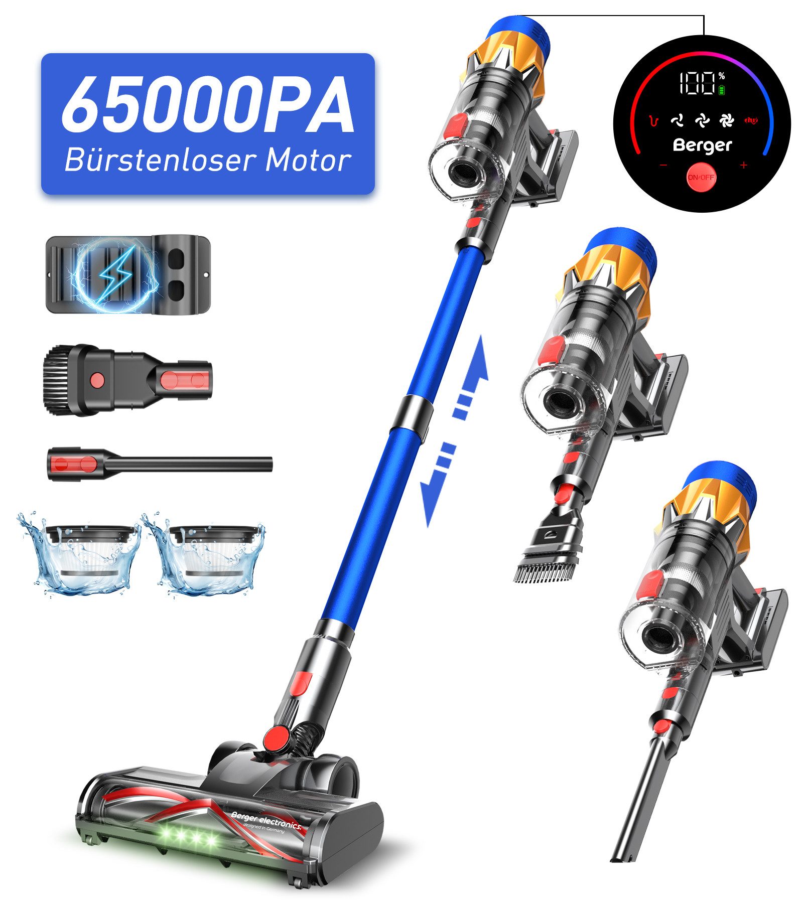 BERGER ELECTRONICS Akku-Hand-und Stielstaubsauger Akku Staubsauger, Staubsauger Kabellos, 65000 Pa/600W, 70min Laufzeit, MIBODE Akku Staubsauger, Bodenstaubsauger, Kabelloser Staubsauger