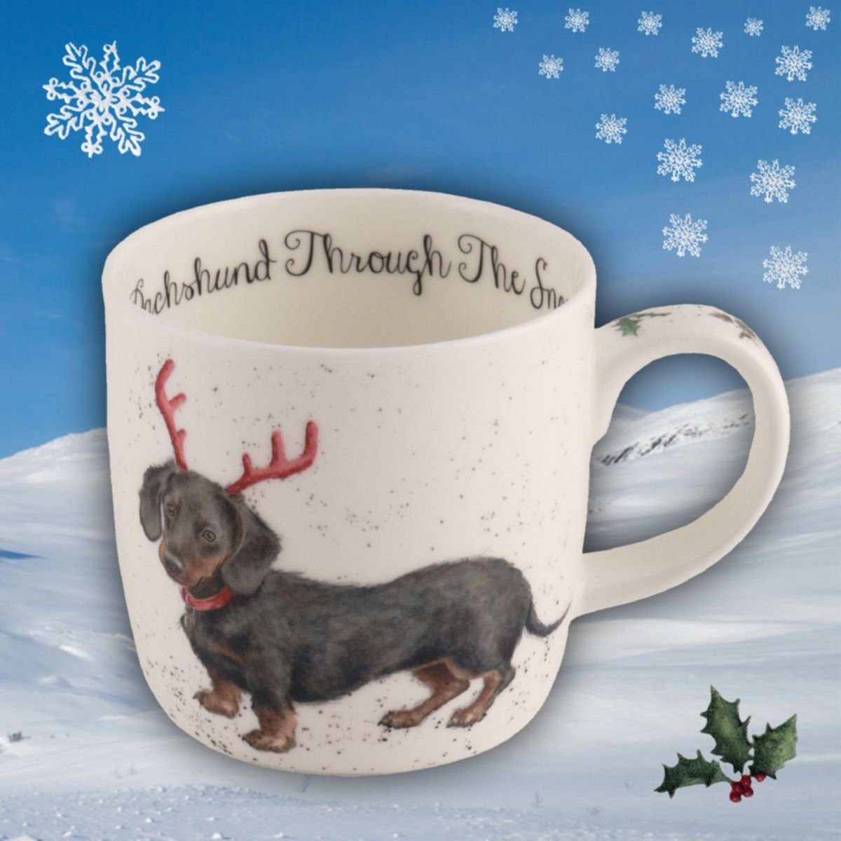 Wrendale Becher Wrendale Designs Porzellan-Becher Dackel im Schnee, ca. 310ml, Porzellan