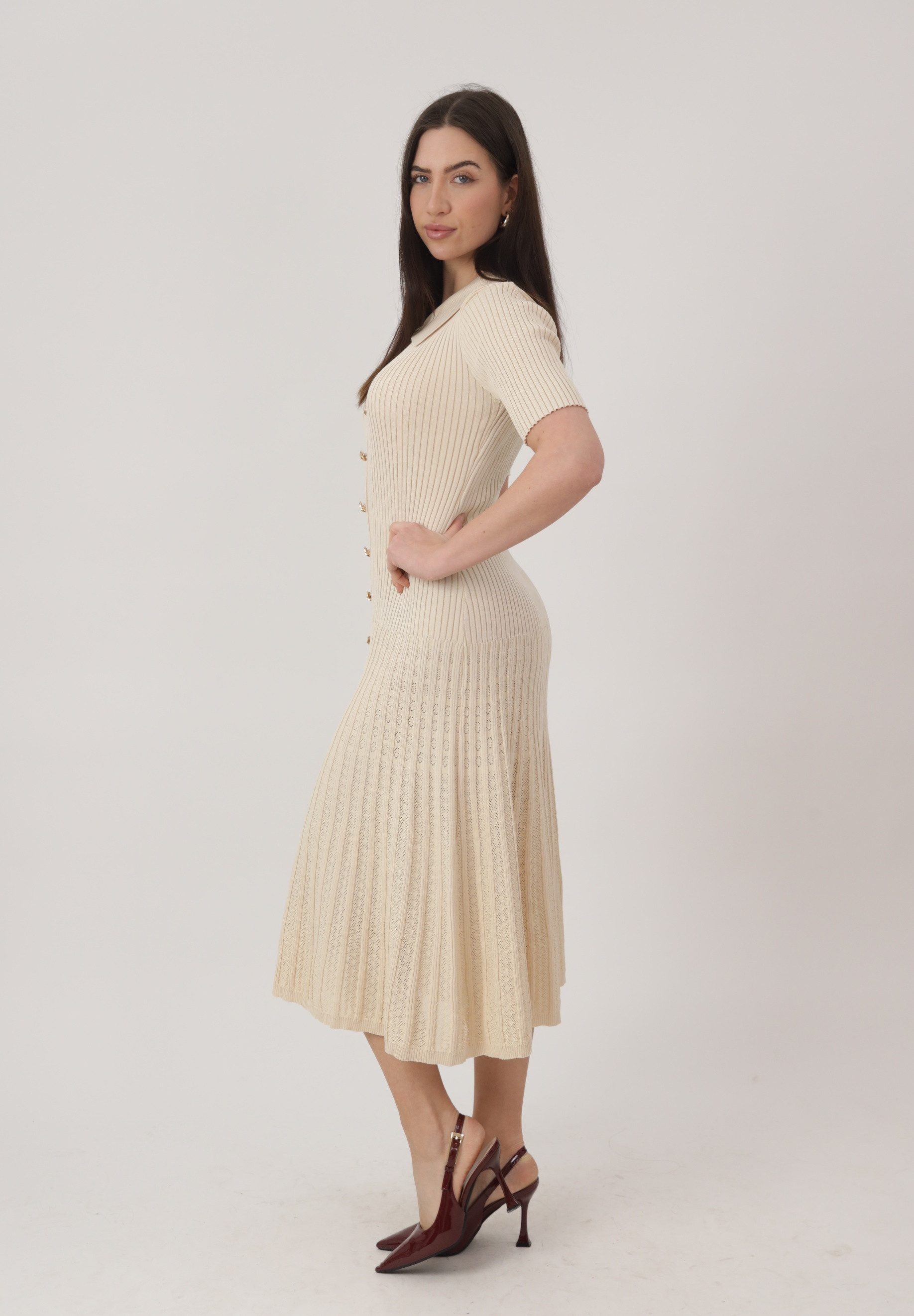 Elara Midikleid Midi Strickkleid Damen mit Polokragen & eleganter Knopfleiste – Bild 4 von 5