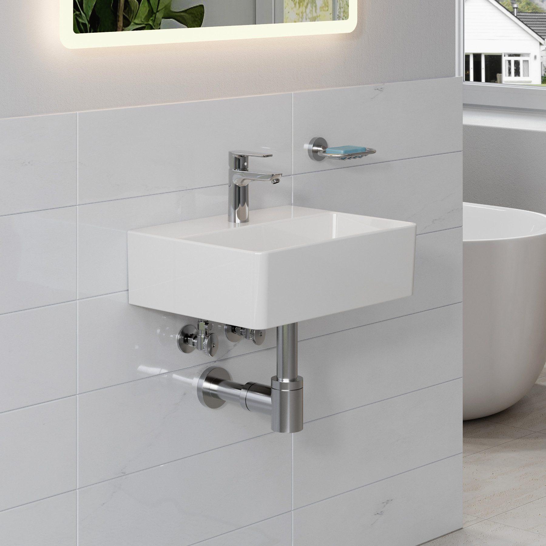 HOROW Waschbecken Keramik Aufsatzwaschbecken Hängewaschbecken 50cm 60cm 75cm (Badezimmer Waschtisch, mit Hahnloch und Überlauf - Weiß/Schwarz) – Bild 3 von 5