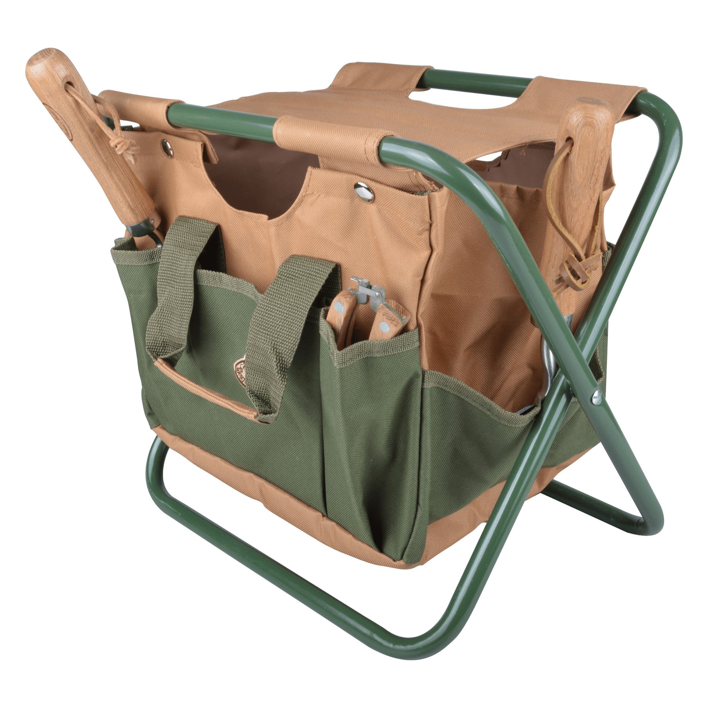 esschert design Gartenpflege-Set Gartengeräte Gartenstuhl Stuhl Garten Werkzeugstuhl olivgrün Tasche