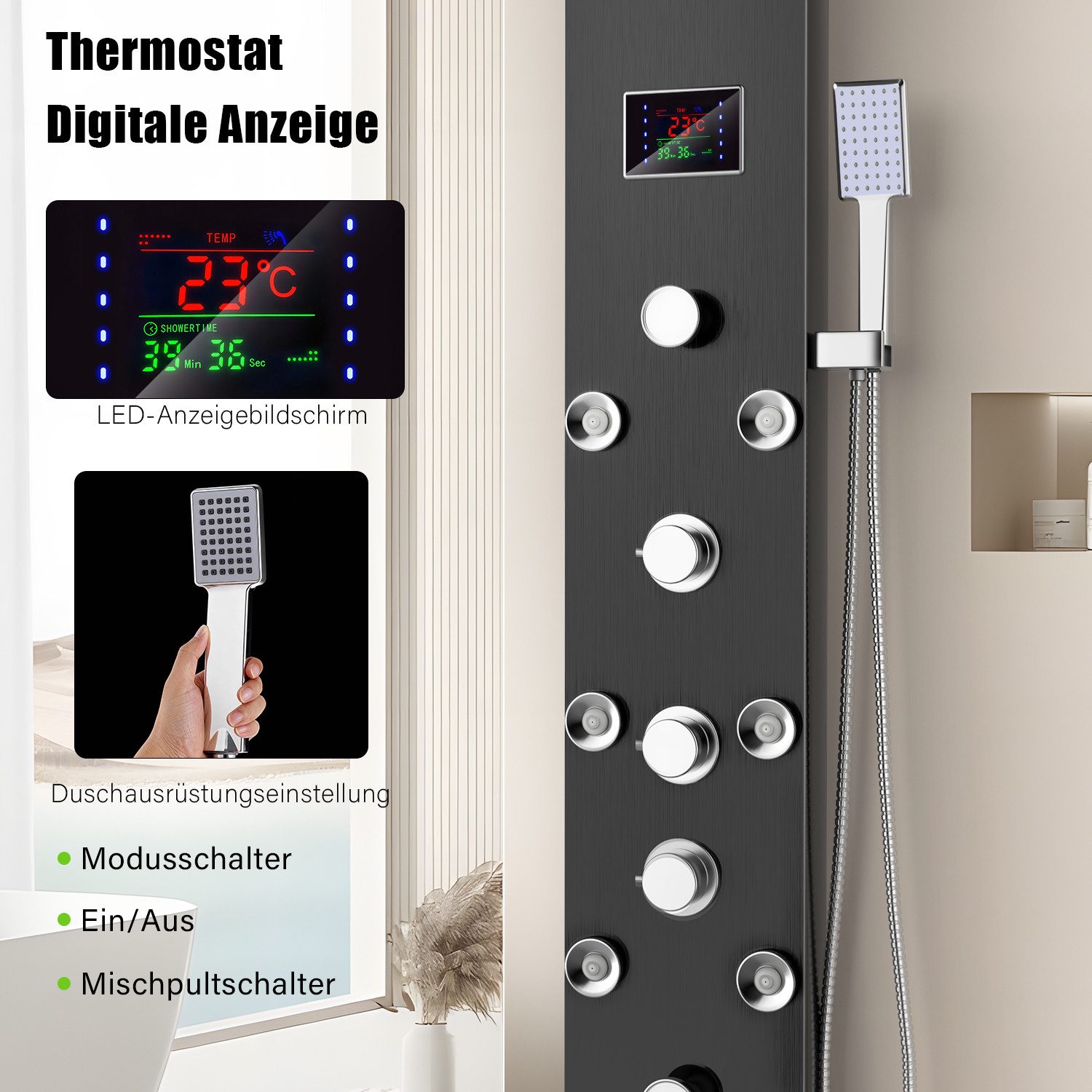 oyajia Duschsystem Modernes Duschpaneel Höhe 136 cm 5 Strahlart mit Massage & LED Display, Höhe 136 cm, 5 Strahlart(en), Wandmontage Duschset mit Regendusche,Ha – Bild 5 von 5
