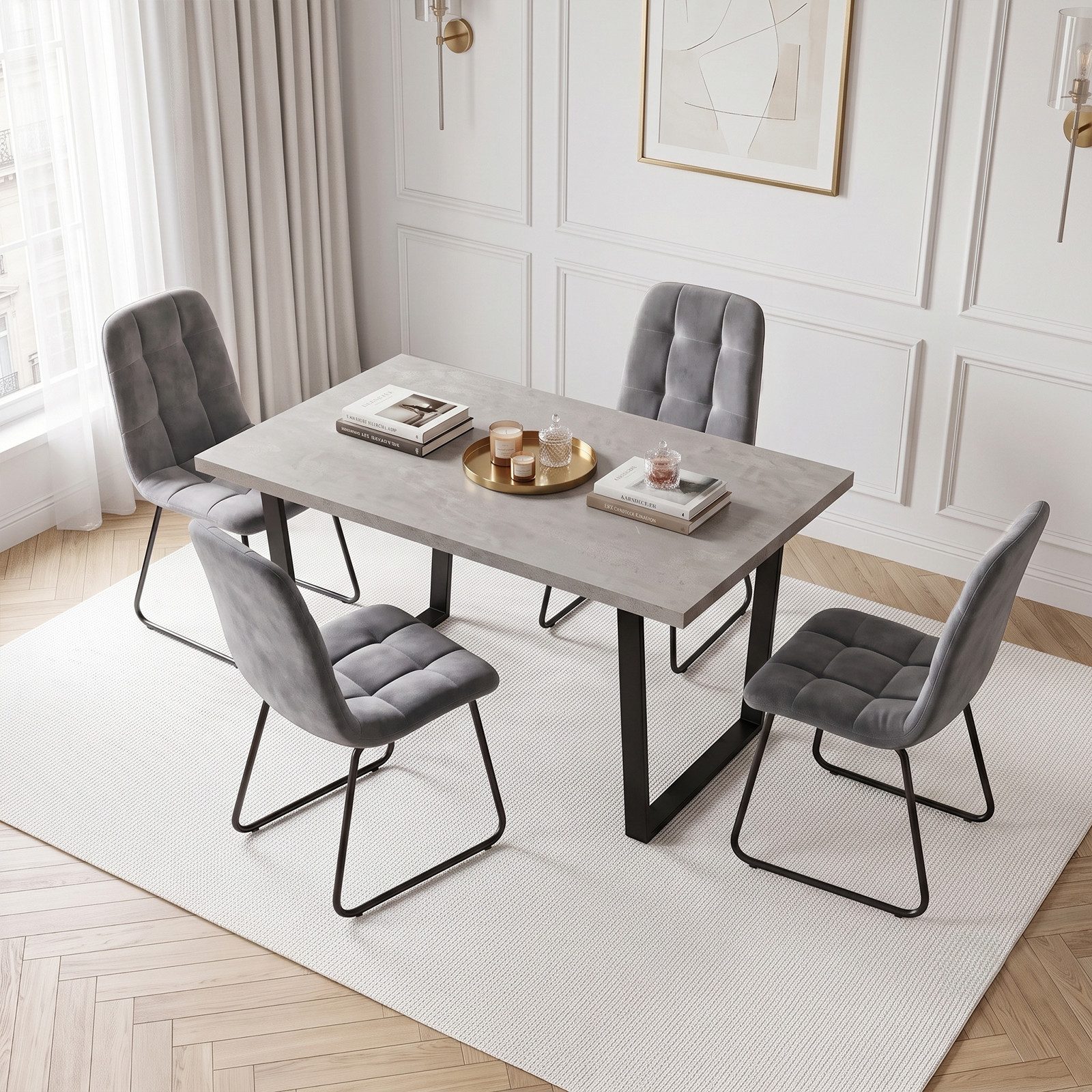 Jiexi Essgruppe Essgruppe fest 110x70 MDF Grau Tisch Set mit Flanell Stühlen
