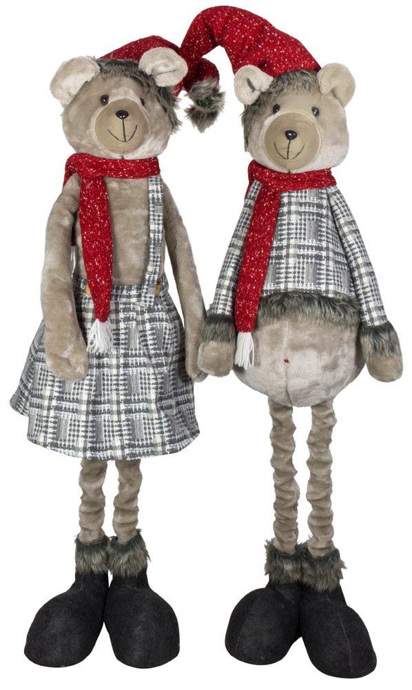 Christmas Paradise Weihnachtsfigur XXL Weihnachtlicher Deko Bär ausziehbar 90-120 (120-150cm) (Dekofiguren, 2 St., im Set), Deko Teddybär Pärchen, Mann und Frau, Weihnachtsdeko Rot-Grau