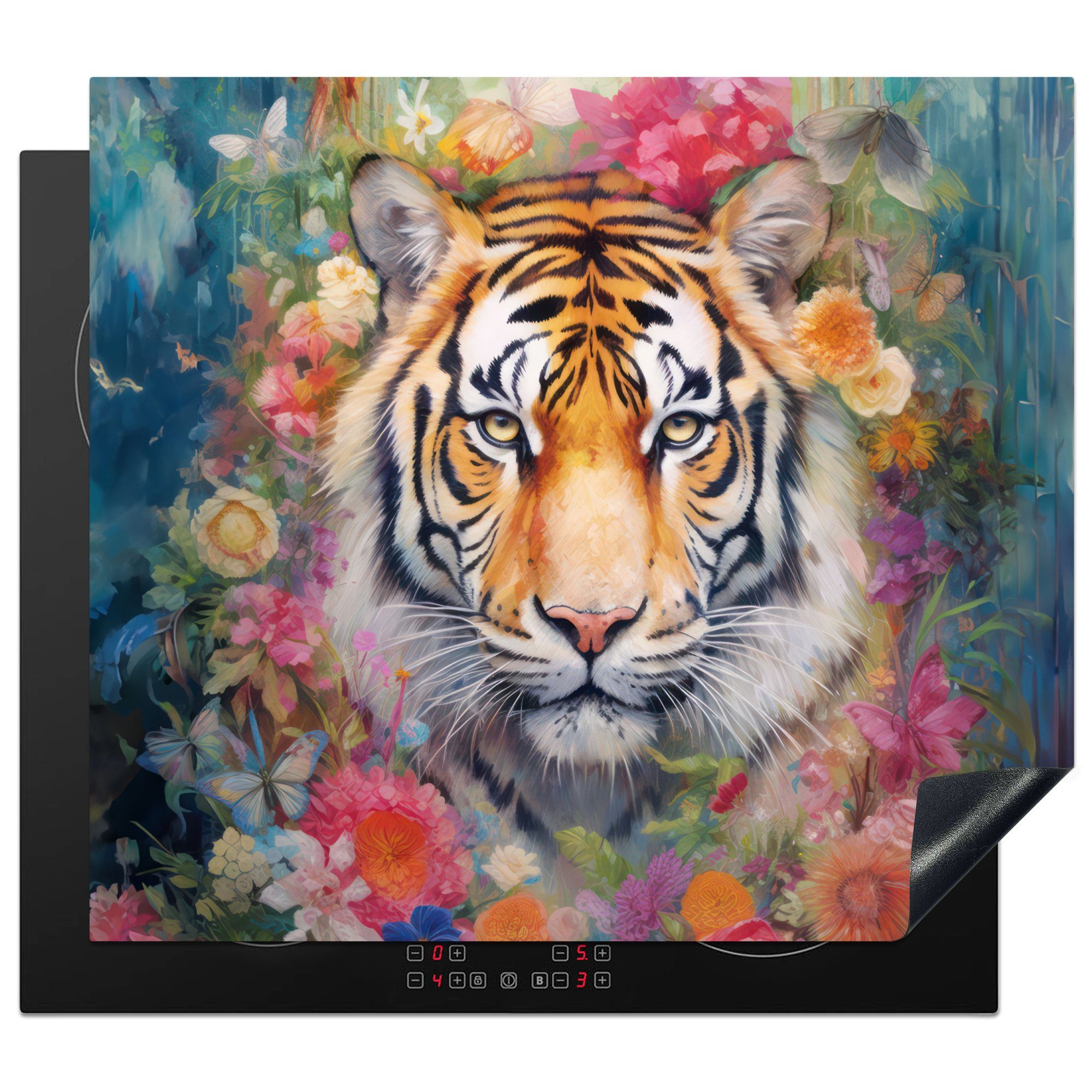 MuchoWow Herdblende-/Abdeckplatte Tiger - Blumen - Wildtiere - Botanisch, Vinyl, (1 tlg), 60x52 cm, Mobile Arbeitsfläche nutzbar, Ceranfeldabdeckung