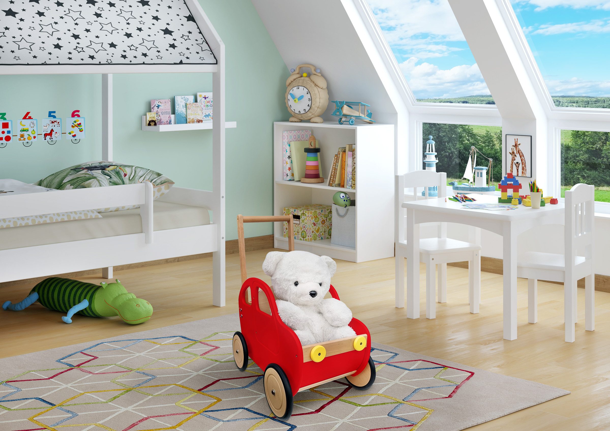 ERST-HOLZ Puppenwagen Puppenwagen Rotes Auto Teddytransporter Lauflernwagen