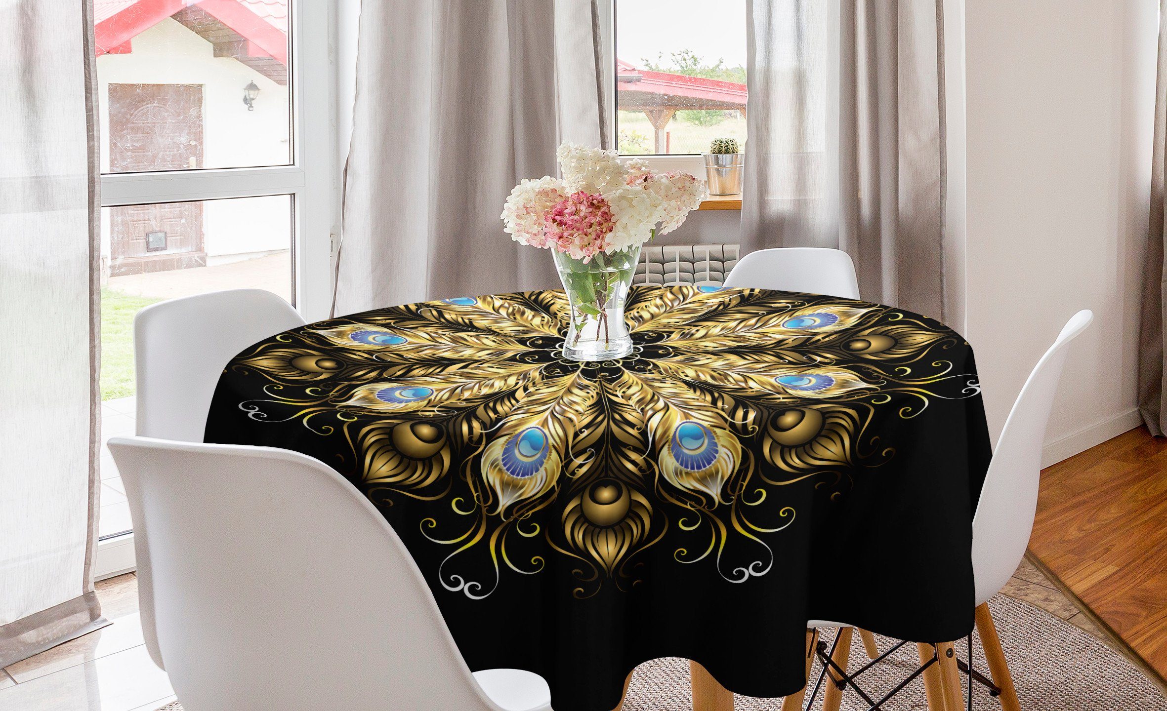 Abakuhaus Tischdecke Kreis Tischdecke Abdeckung für Esszimmer Küche Dekoration, Mandala Pfauenfedern mit Stein
