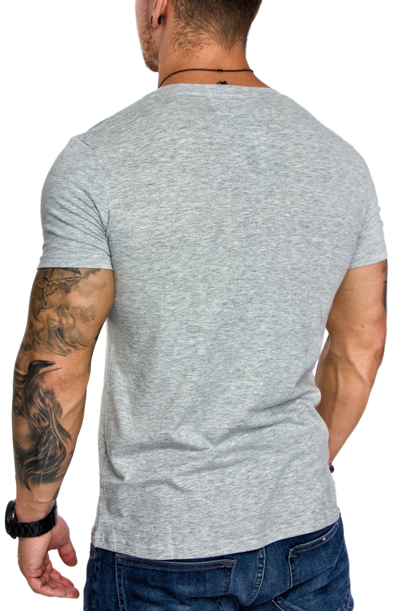 Amaci&Sons Grau T-Shirt Einfarbig T-Shirt Melange V-Ausschnitt mit Shirt V-Ausschnitt V-Neck Vintage Herren EUGENE Basic Basic