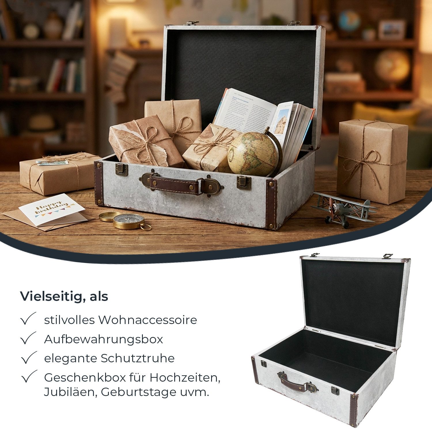 HMF Aufbewahrungsbox Handgefertigter Vintage Koffer aus Holz, Deko Koffer (versch. Größen), Geschenkkoffer im Weltkarten Design