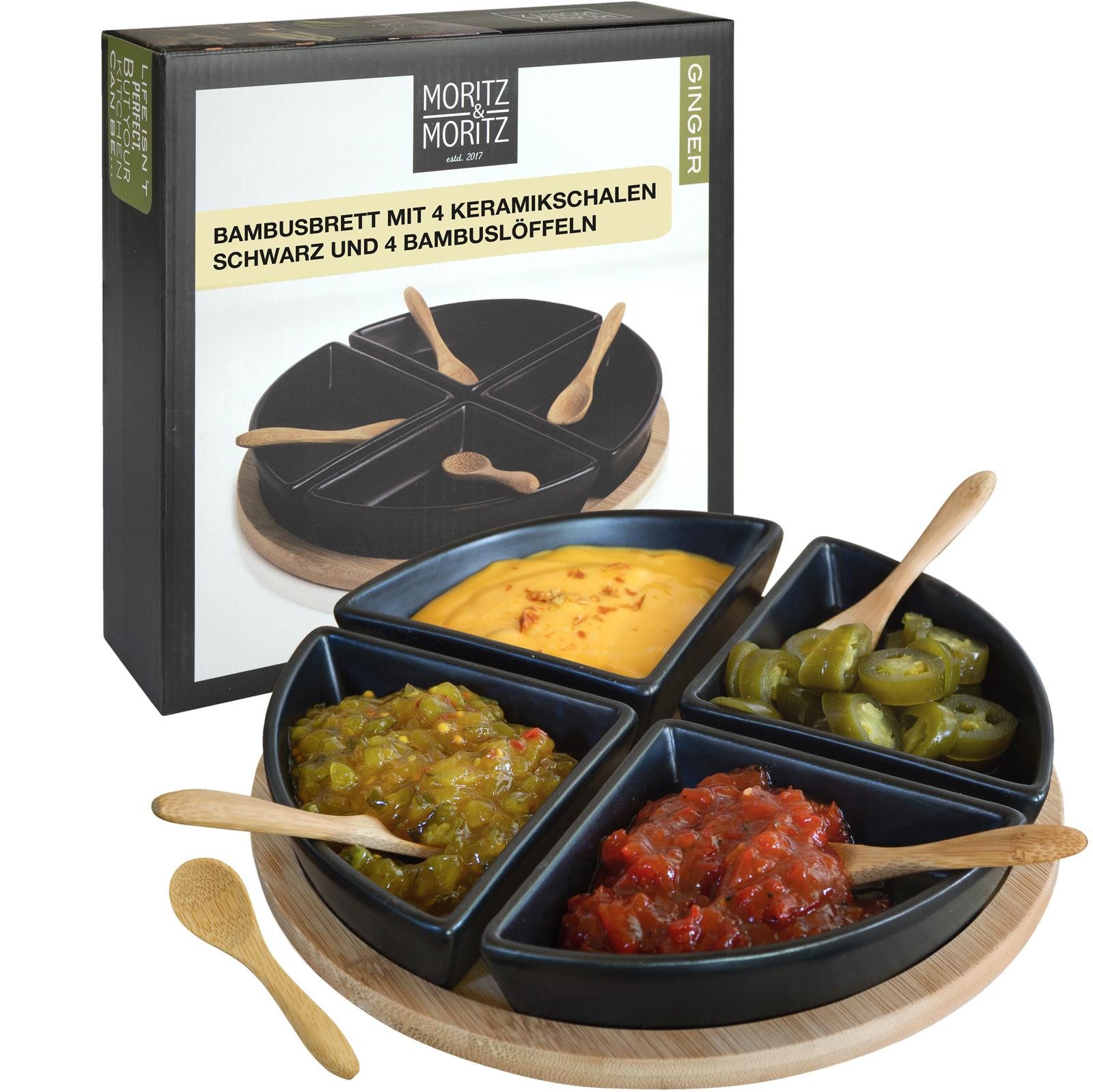 Moritz & Moritz Servierplatte Dipschalen Set mit Brett Holz - Dip Schälchen Ginger, Keramik, (Set, 9-tlg., 9- teiliges Set), Hochwertiges Keramik