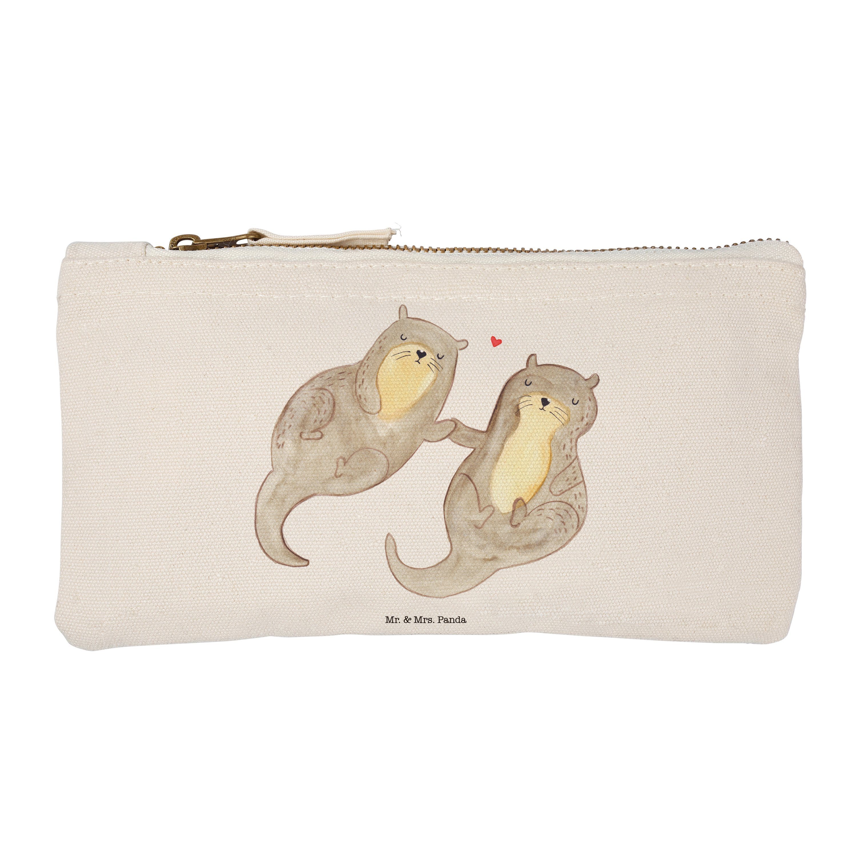 Mr. & Mrs. Panda Kosmetiktasche Otter händchenhaltend - Weiß - Geschenk, Seeotter, Kosmetiktasche, Et (1-tlg) | Canvas-Taschen