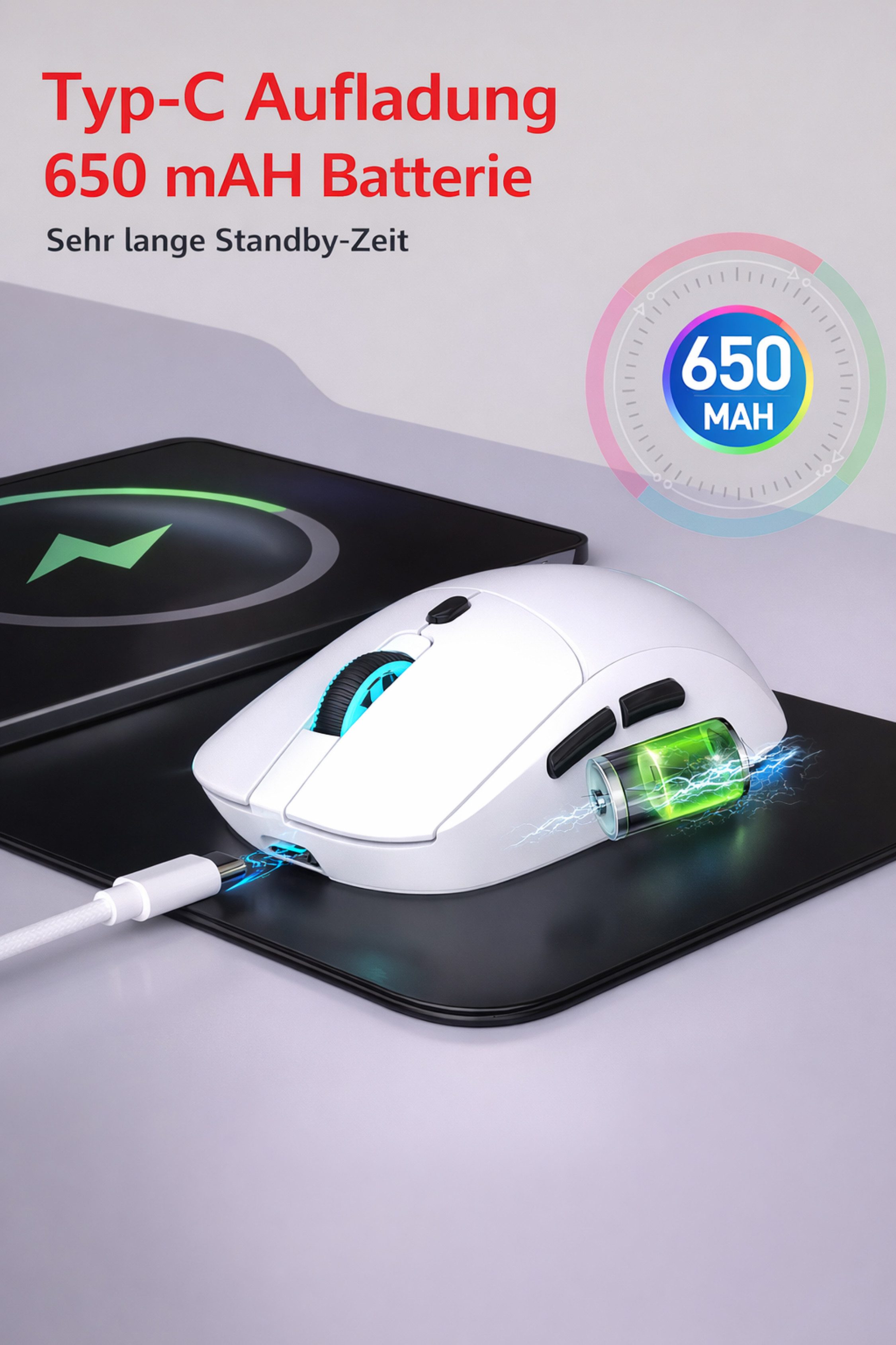 RUHE Gaming Maus RGB Kabellos Wireless Büro Laut Beleuchtung Plug & Play Maus (Funk, 2.5G, USB-Dongel, Kabelgebundene Aufladung, Drahtlos, Optische Maus, Ergonomisch, 4800 dpi, Einstellbar DPI Schwarz Weiß 6 Tasten 10M für Laptop/PC/Mac/Computer)