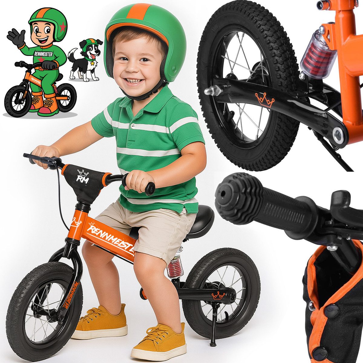 Rennmeister Laufrad Orange, ab 3 Jahren Lauflernrad Balance Bike Höhenverstellbar Bremse 12 Zoll