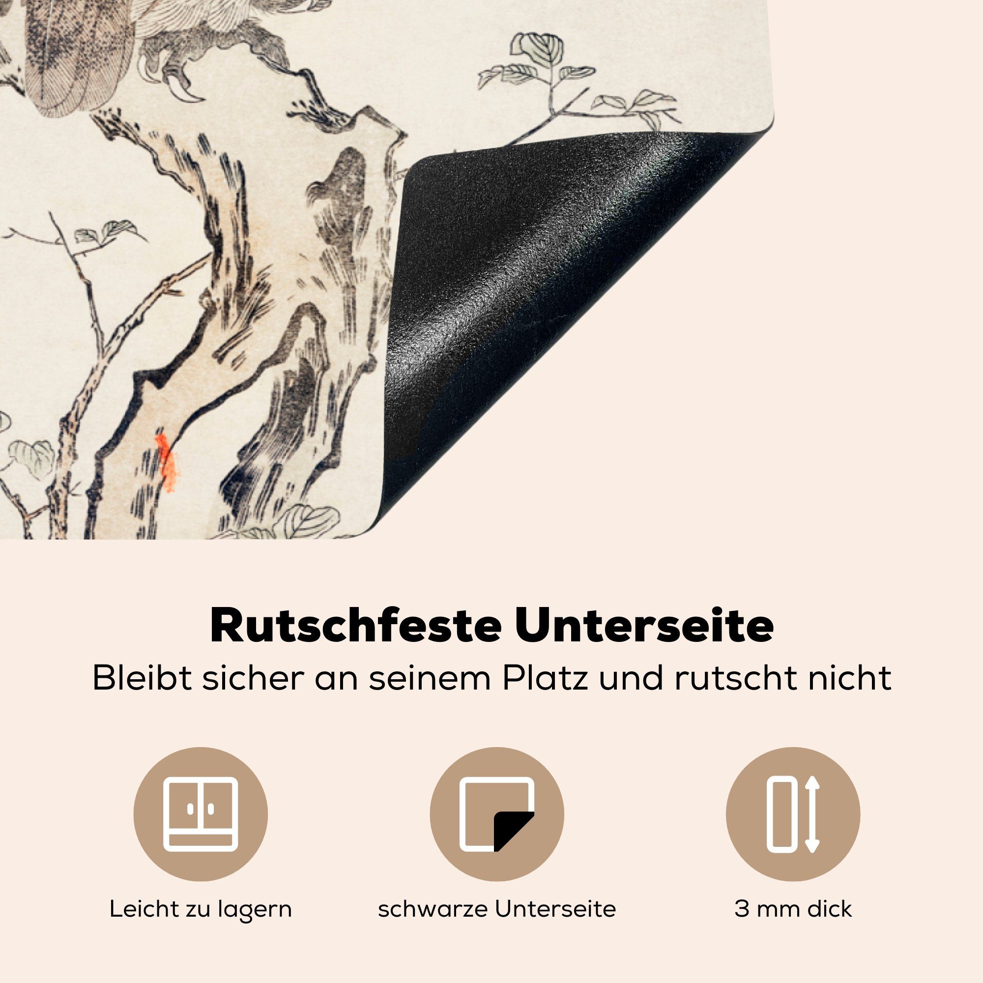 MuchoWow Herdblende-/Abdeckplatte Eule - (1 Ceranfeldabdeckung, - Arbeitsplatte cm, 83x51 küche tlg), Japan, Vinyl, für Vogel