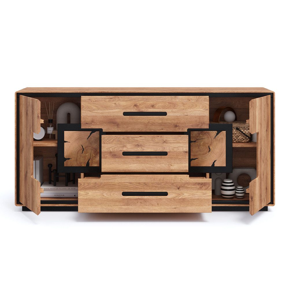 Lomadox Sideboard WOODBRIDGE-69, in Eiche massiv geölt, 166 cm breit, Hirnholz, montiert