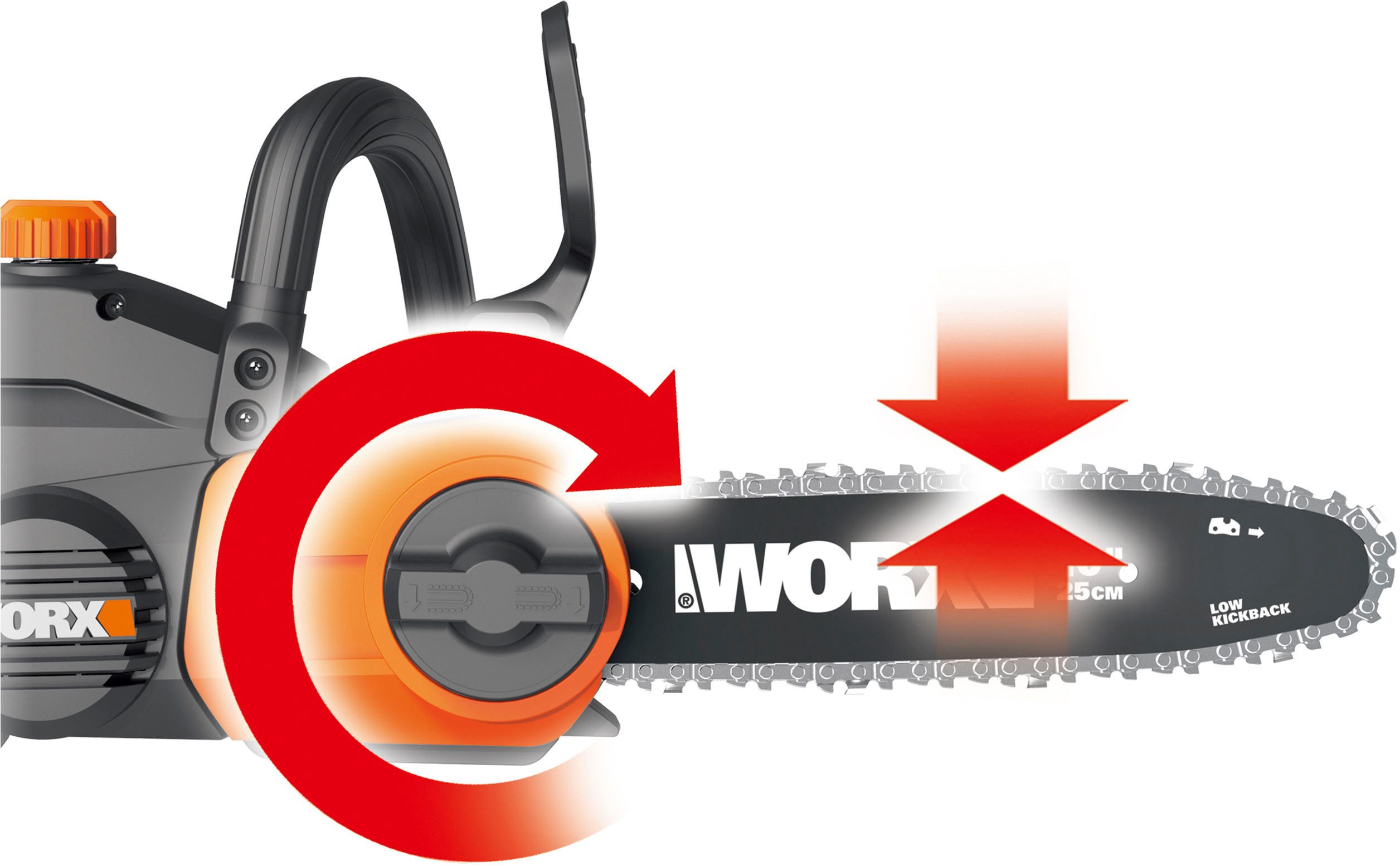 Worx Akku-Kettensäge WG322E.9, 25 cm Schwertlänge, automatische Kettenspannung, ohne Akku und Ladegerät – Bild 5 von 5