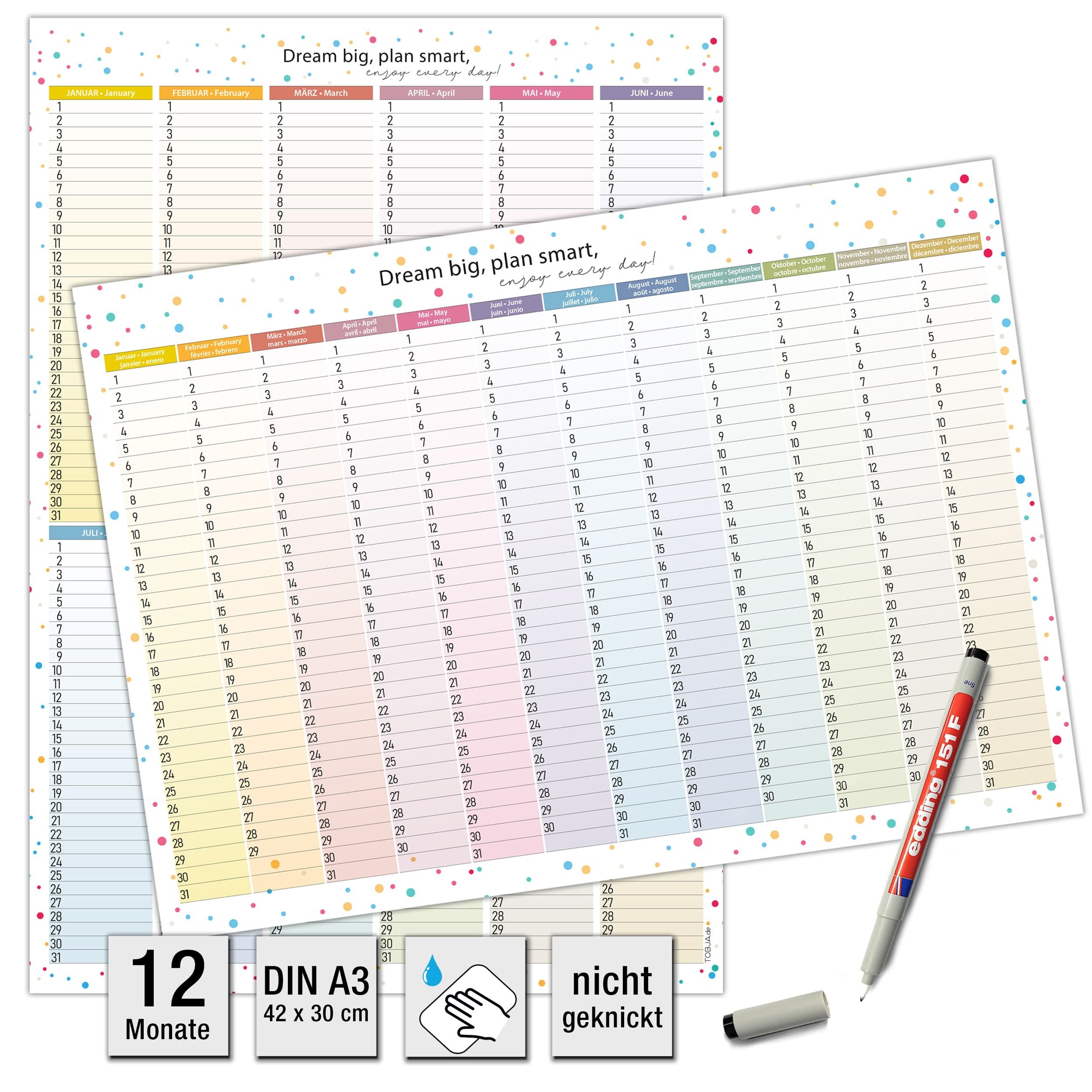 TOBJA Wandkalender A3 Geburtstagskalender jahresunabhängig & abwischbar, inkl. Markenstift Kalender immerwährend bunt