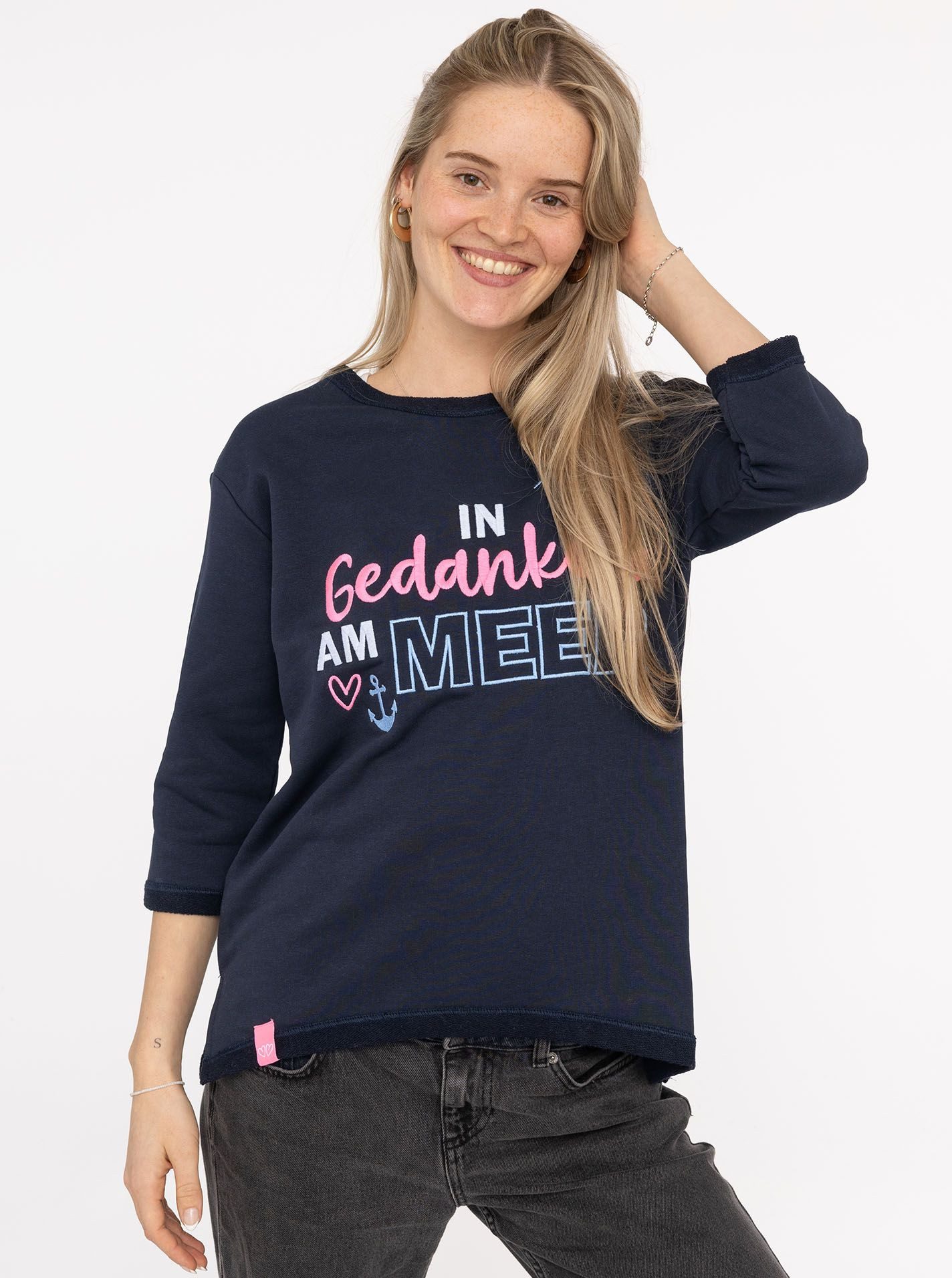 Zwillingsherz 3/4-Arm-Shirt "Meer Gedanken" 3/4 Arm, mit Martimer Botschaft, ausgefransten Kanten