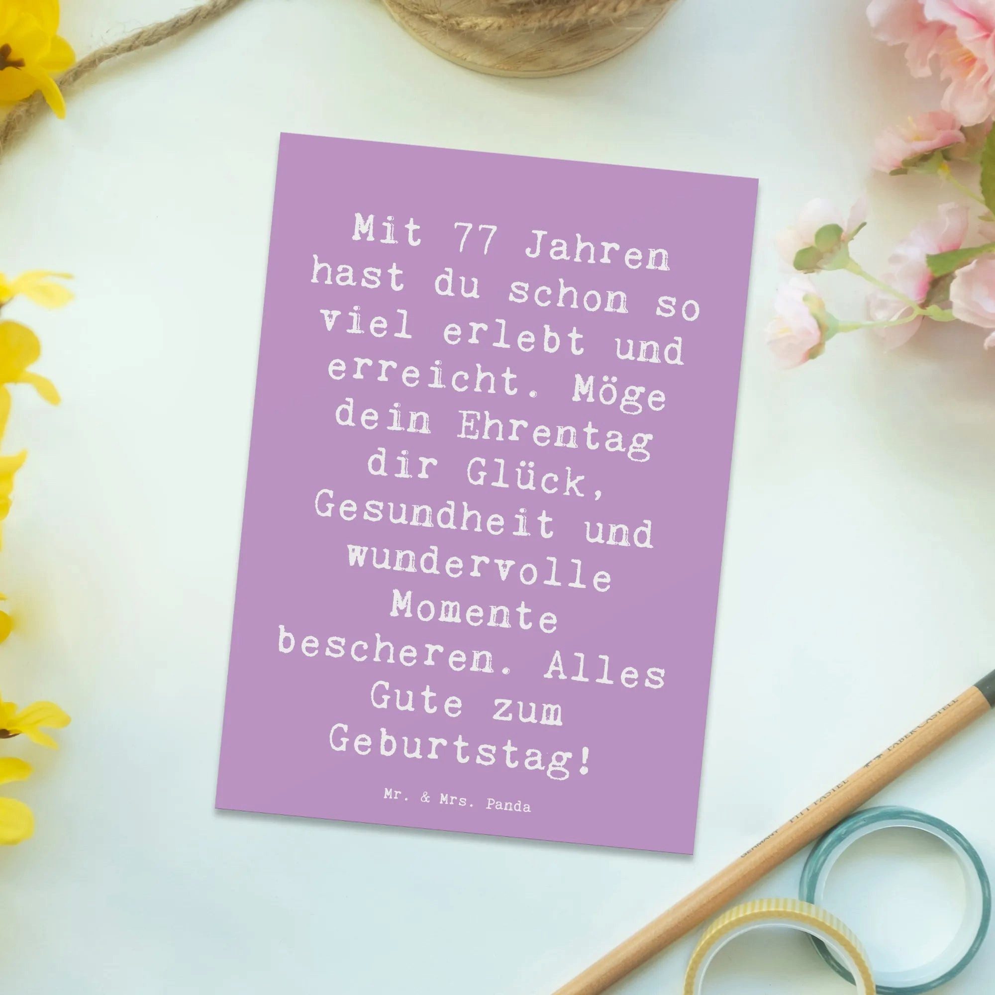 Thumbnail - Mr. & Mrs. Panda Postkarte Spruch 77. Geburtstag Glückwunsch - Lavendeltraum - Geschenk, Ehrenta, Witzige Sprüche