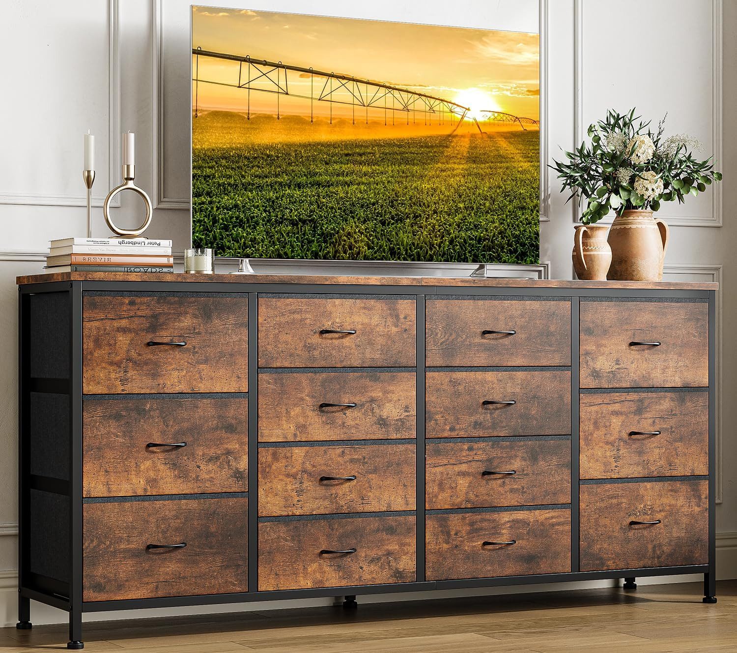 GarveeMore TV-Bank 160cm TV-Schrank mit 14 Schubladen, Steckdosen Holzmaserung