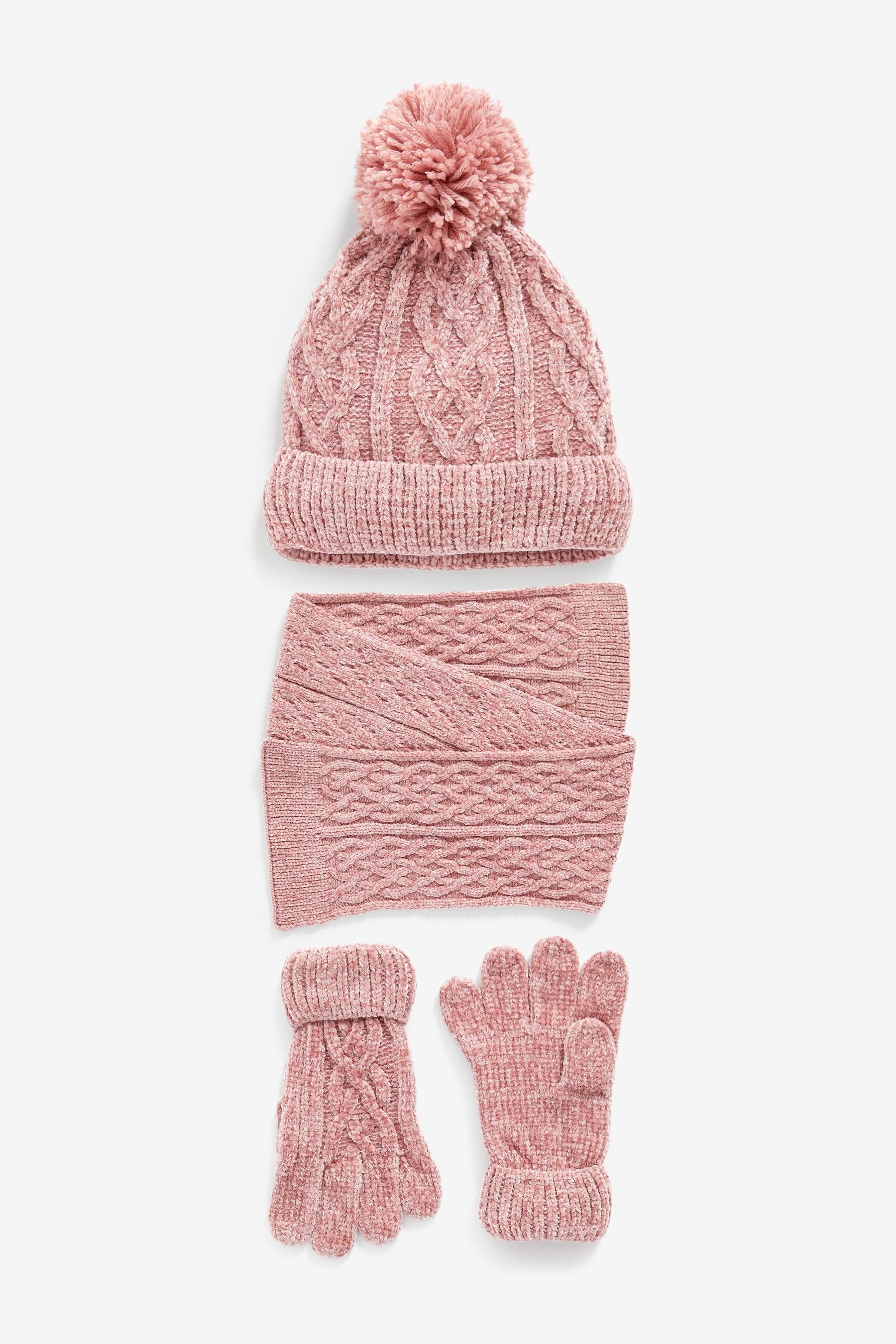 Pink Chenille Next Set Schal Mütze, im Schal Mütze & und (3-tlg) Handschuhe