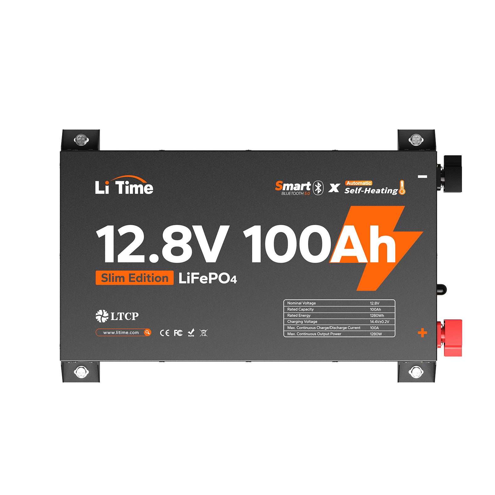 LiTime 12V 100Ah Ultra Slim LiFePO4 Batterie mit Bluetooth Selbsterwärmung Solarakkus (12 V), niedrige Selbstentladung, geeignet für Wohnmobile Pickups Campervans