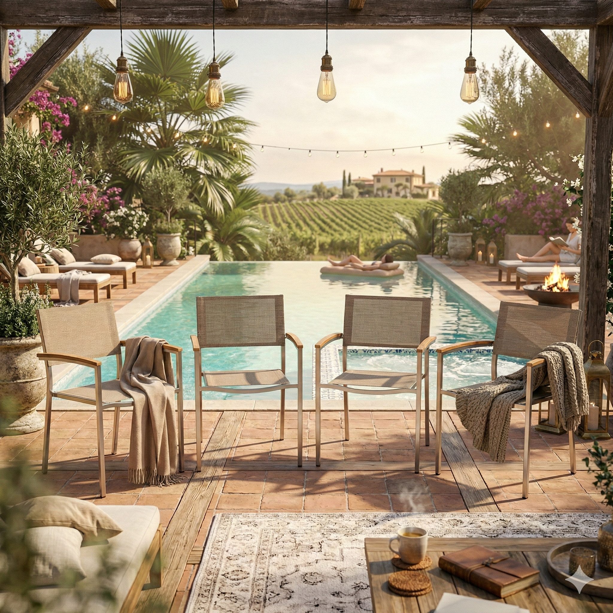 acamp Gartenstuhl Stapelstuhl 4er Set Skye eleganter Stapelsessel aus Edelstahl Teak (atmungsaktiver Sitz mit Holzarmlehnen Lieferumfang 4 Sessel), Terrassensessel Balkonstuhl stapelbar Metall Teakholz sand