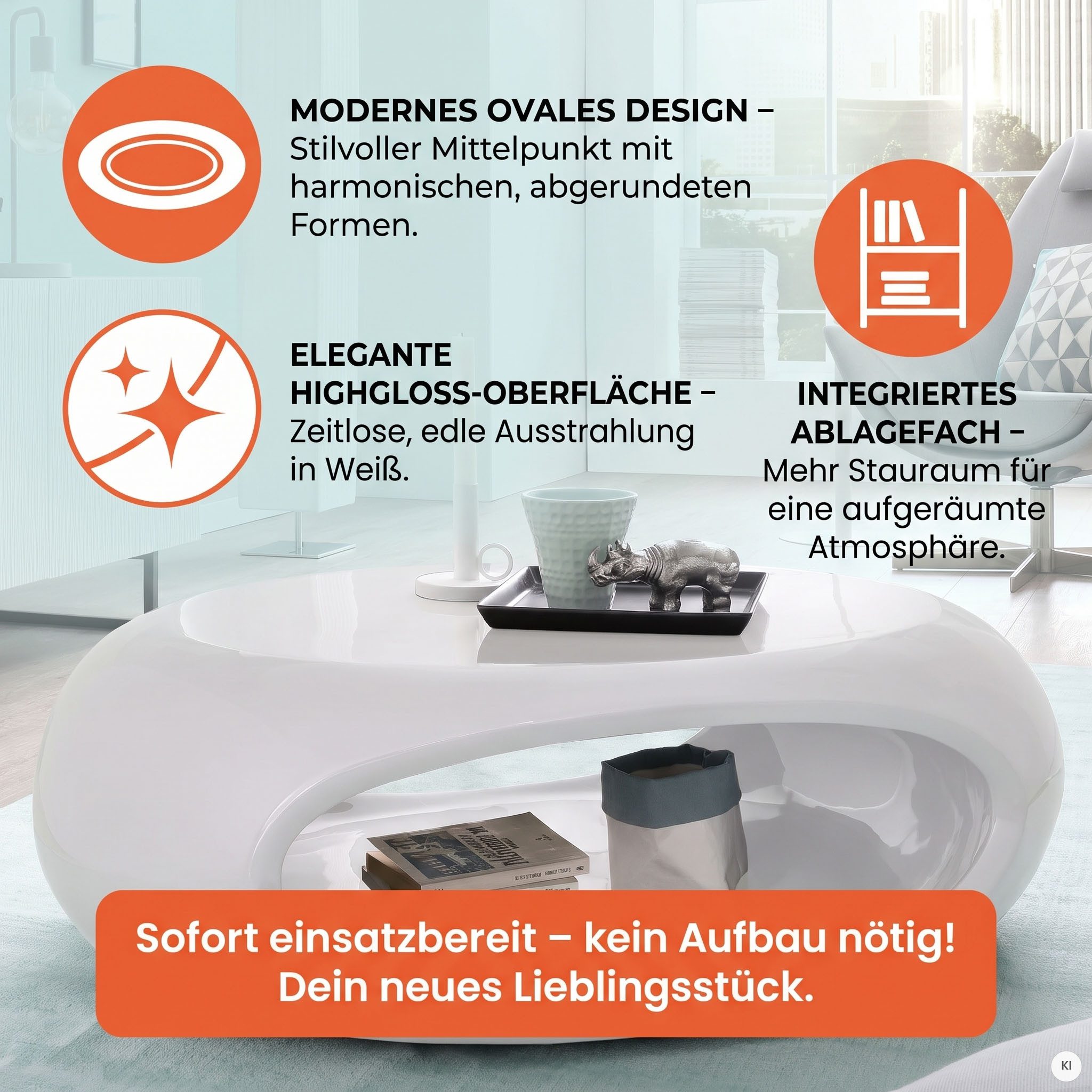 SalesFever Couchtisch Coffeetable im minimalistischen Stil, komplett aus hochwertigem Fiberglas – Bild 4 von 5