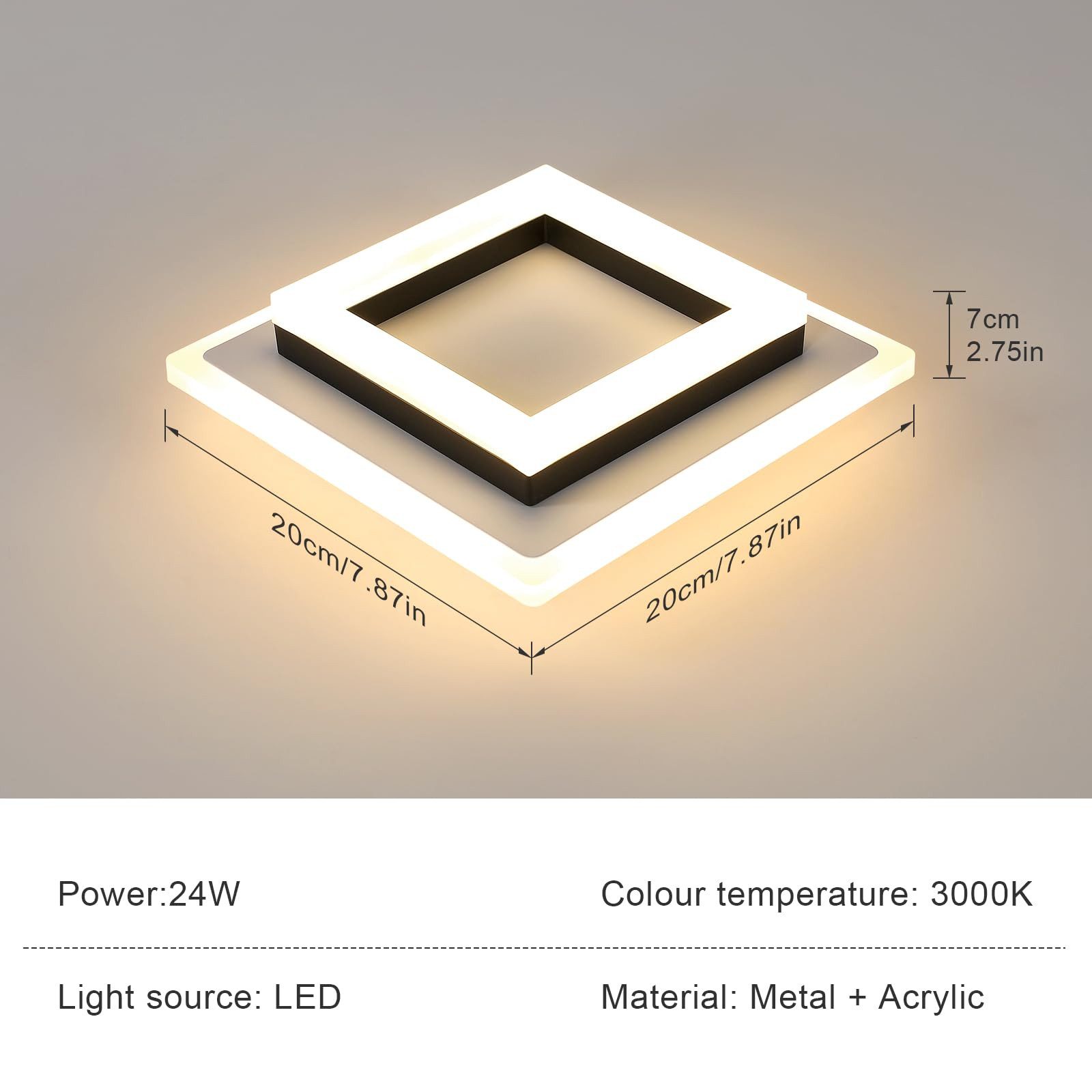 Riserva Deckenleuchten Moderne Quadrat LED Deckenleuchte Schwarz Weiß 24W Warmweiß 3000K