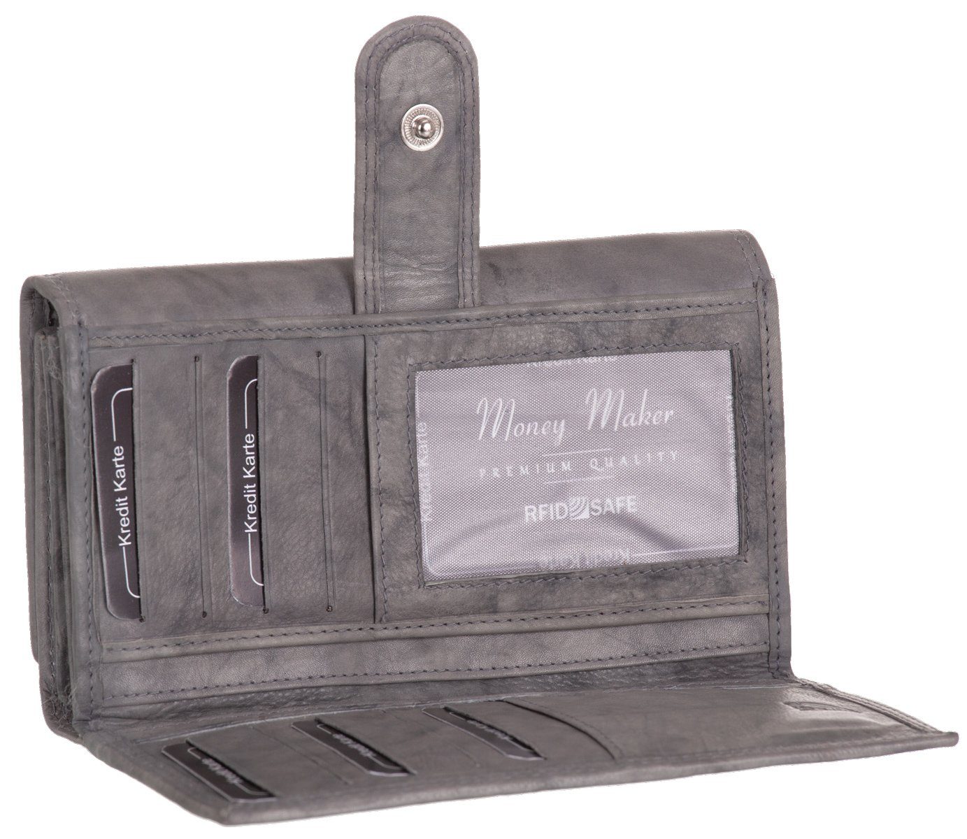 Damen Geldbörse Portemonnaie Maker grau 22 Money Steckplätze Sicherheitsfach Geldbeutel Geldbörse, Echt-Leder RFID