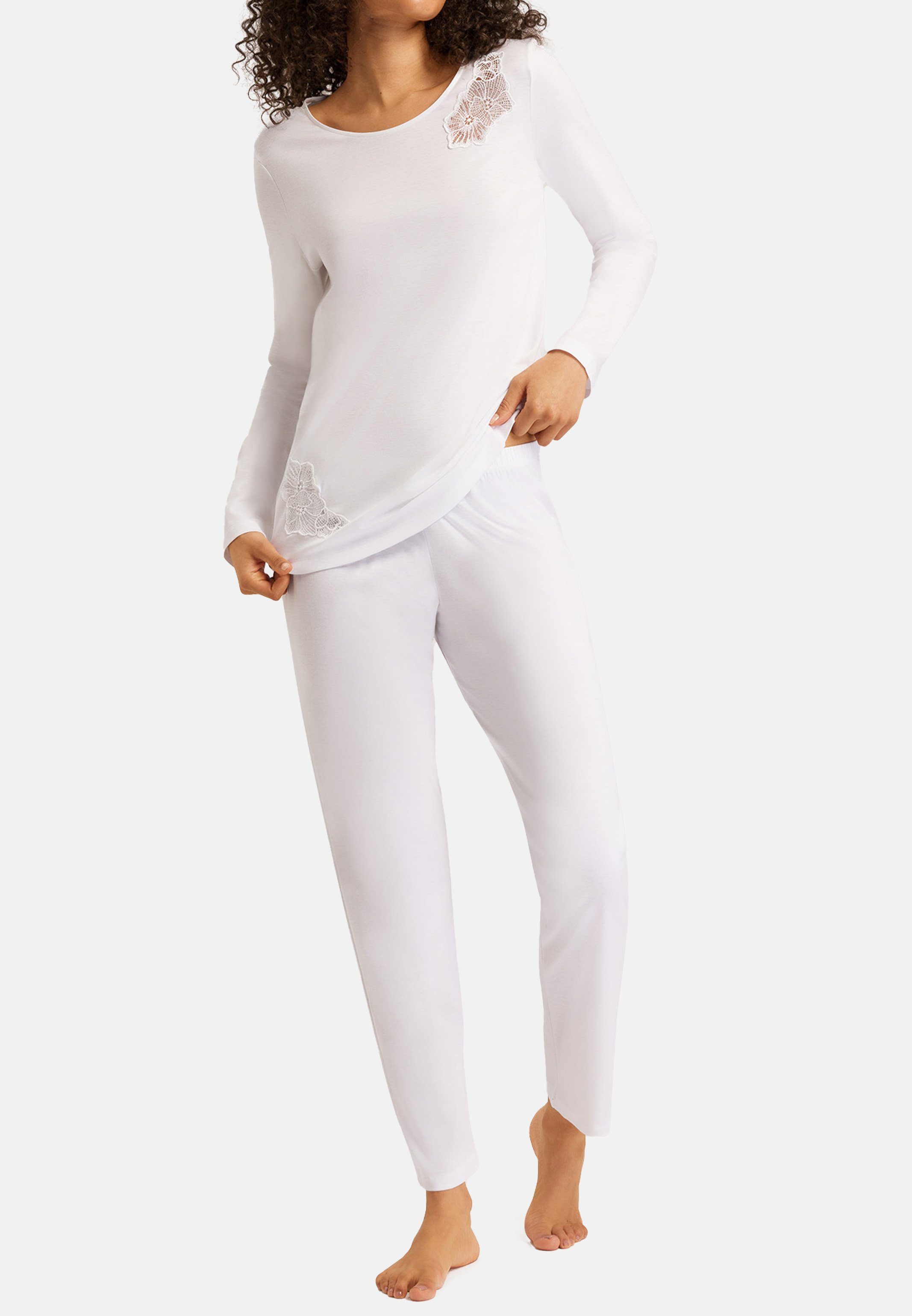 Hanro Pyjama Naila (Set, 2 tlg) Schlafanzug - Baumwolle - Set aus langer Hose und Langarm Shirt White