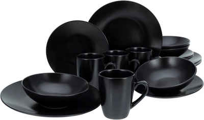 CreaTable Kombiservice Geschirr-Set Black Matt (16-tlg), 4 Personen, Steinzeug, Service, schwarz, trendige Coupeform, 16 Teile, für 4 Personen