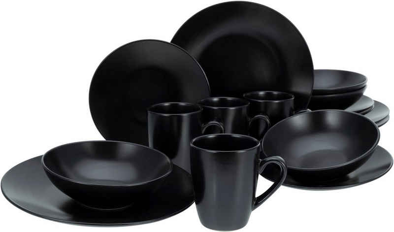 CreaTable Kombiservice Geschirr-Set Black Matt (16-tlg), 4 Personen, Steinzeug, Service, schwarz, trendige Coupeform, 16 Teile, für 4 Personen