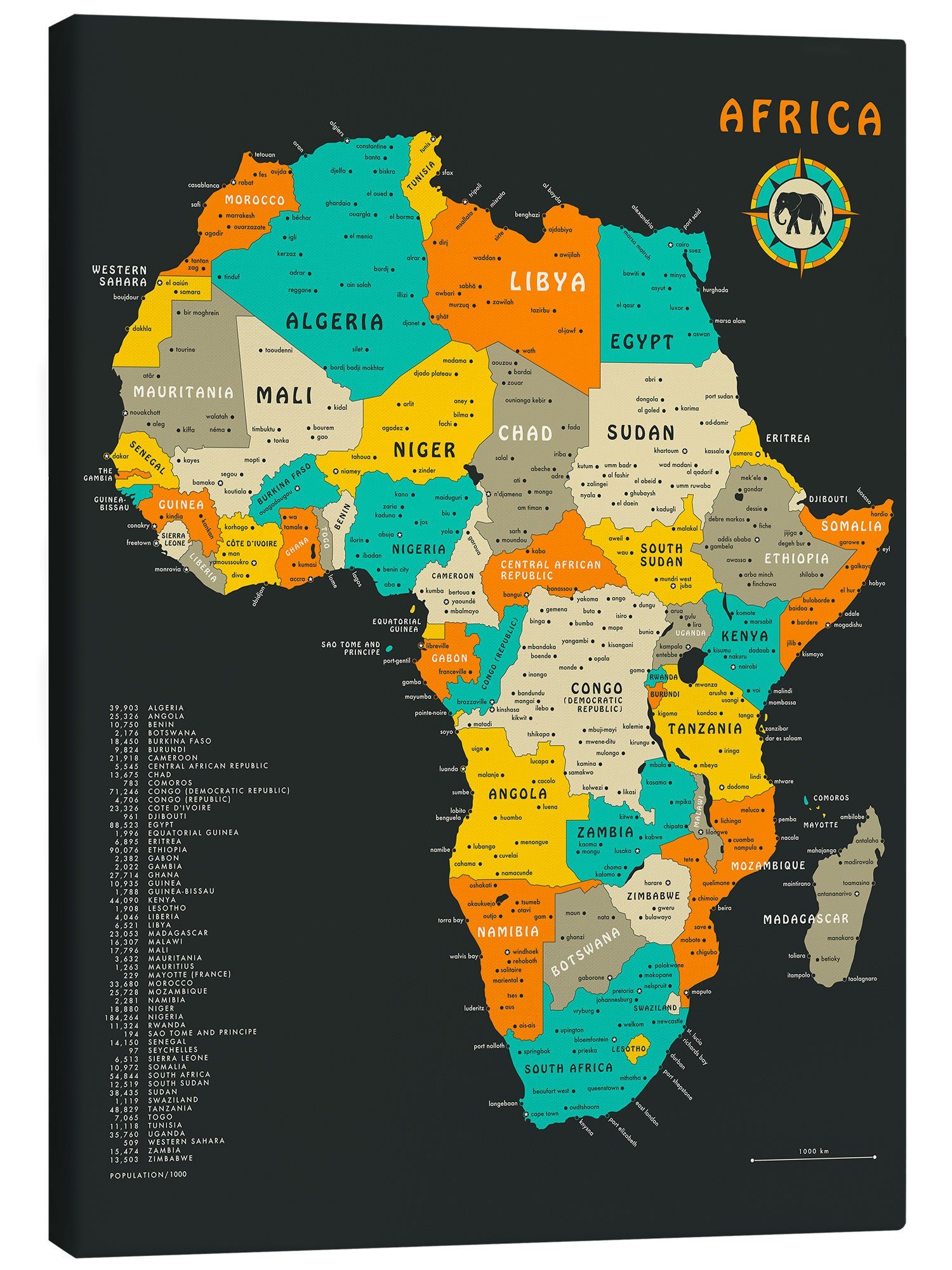 Posterlounge Leinwandbild Jazzberry Blue, Afrika-Karte, Klassenzimmer Digitale Kunst