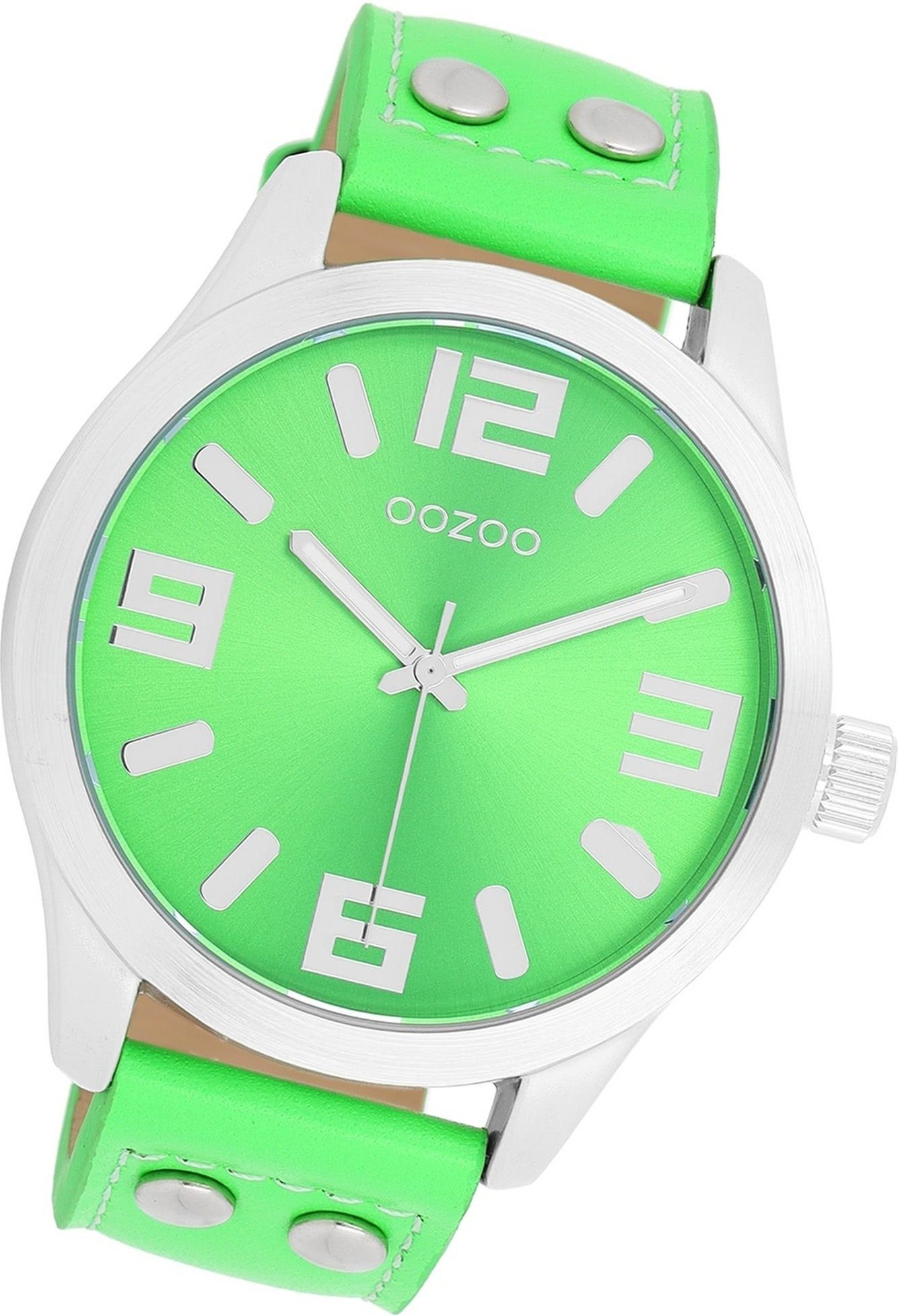grün, extra OOZOO Armbanduhr Timepieces, Damenuhr Damen Quarzuhr (ca. Gehäuse, fluo rundes Oozoo groß Lederarmband 46mm)