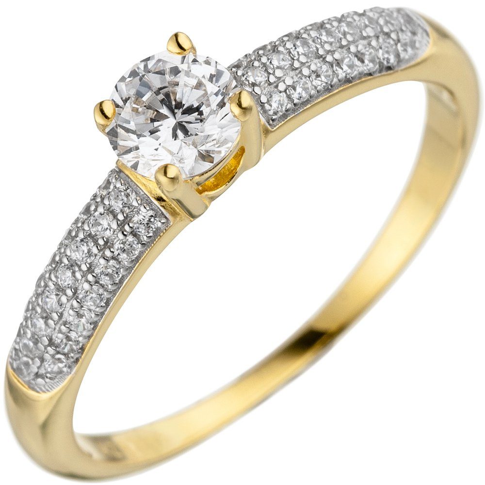 Schmuck Krone Silberring Solitär Ring mit Zirkonia, 925 Silber vergoldet, Silber 925