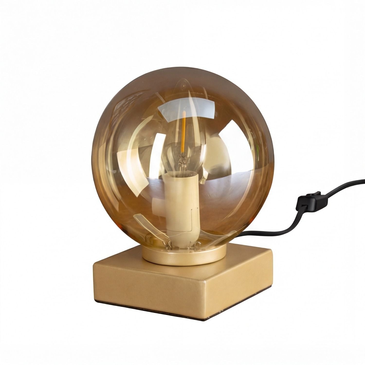 Licht-Erlebnisse Tischleuchte PUMASSE, ohne Leuchtmittel, Bernstein Rauchglas Kugel Metall Gold 17,5 cm E14 Schlafzimmer Modern