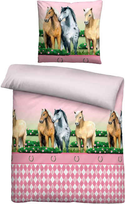 Kinderbettwäsche Pferde, Biberna, Linon, 2 teilig, 135/200+80/80 cm, atmungsaktiv, 100% Baumwolle, Reißverschluss