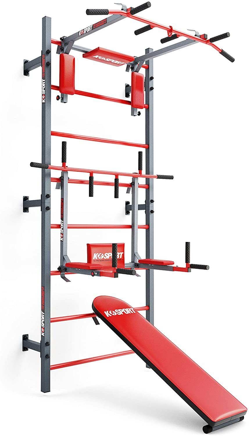 K-SPORT Kraftstation Sprossenwand+Dip Station, Klimmzugstange & Trainingsbank, (TRAININGSSET SPROSSENWAND MIT DIP STATION + KLIMMZUGSTANGE + BANK), Made in EU!