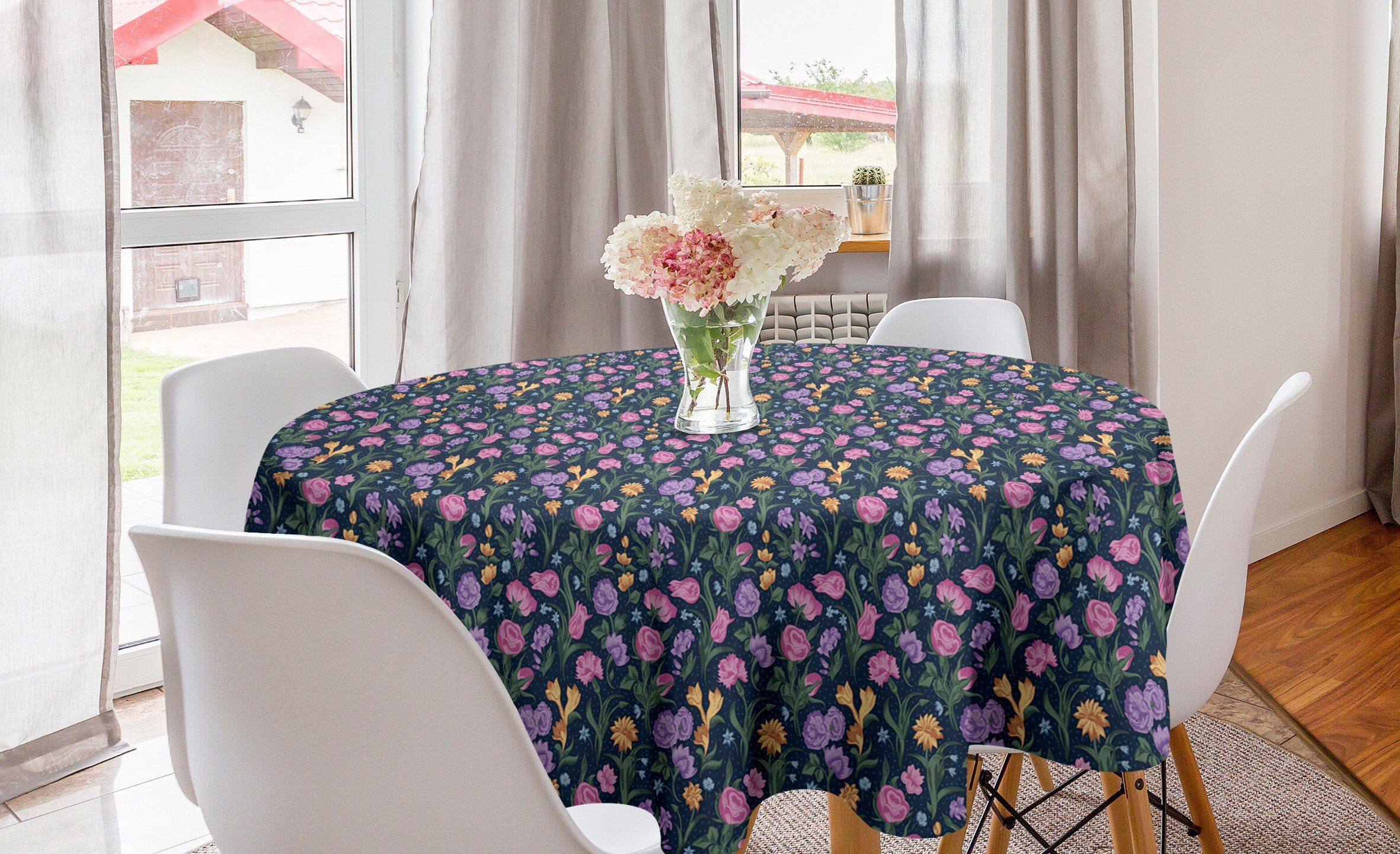und Abakuhaus Tischdecke Blumen Esszimmer Abdeckung Küche für Veilchen Kreis Dekoration, Tischdecke Stiefmütterchen Tulpen