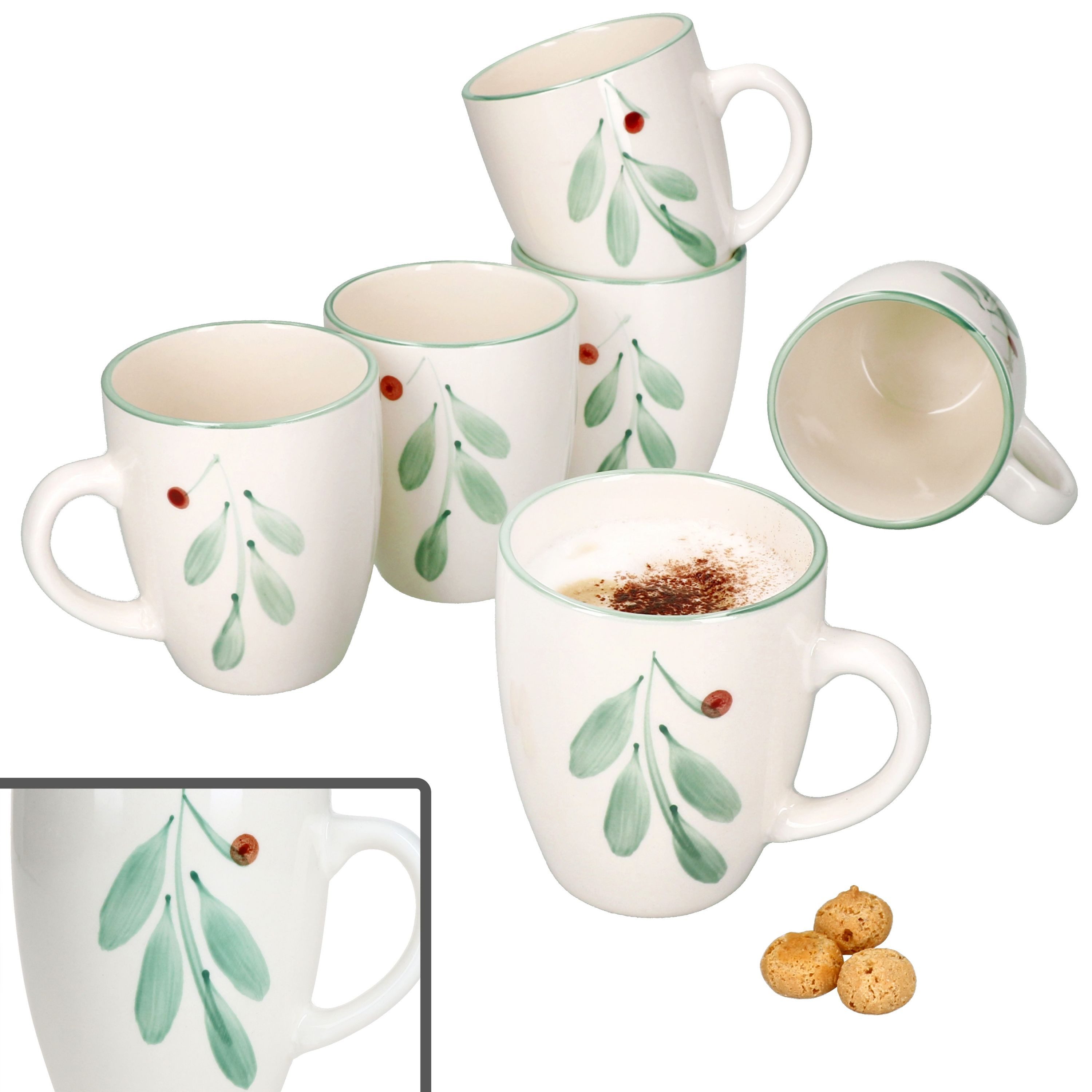 Becher 6x Holly Kaffeebecher 320ml Steingut-Tassen Glühwein Tee Mistelzweig