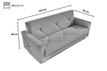 MOEBLO Schlafsofa PRETORIA, Couch Schlafsofa Bettsofa Kippsofa 3-Sitzer aus Samt - (BxHxT): 215x88x95 cm, mit Schlaffunktion und Bettkasten