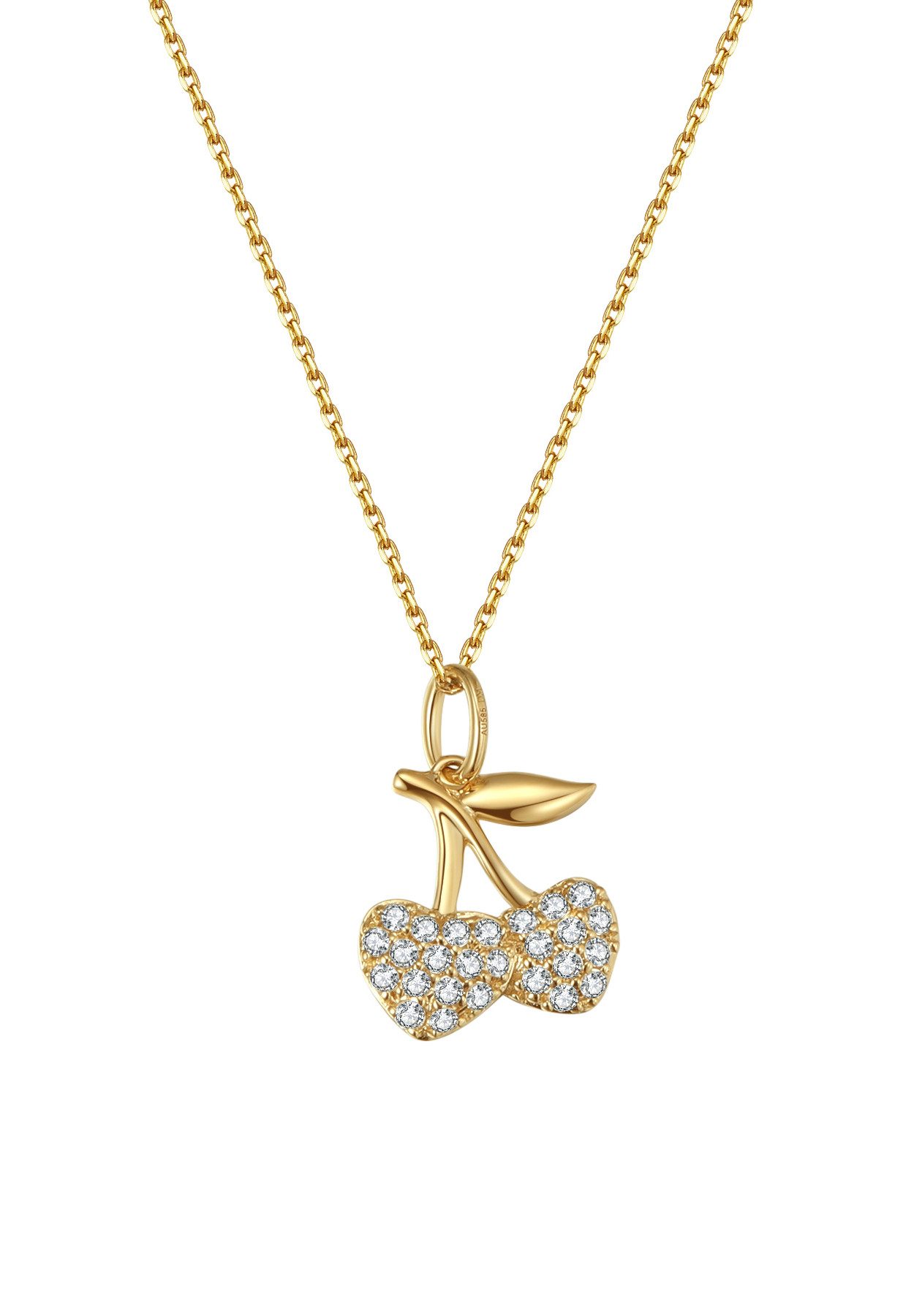 Dear Me Goldkette Damen Kirsche Zirkonia, 585er Echtgold Schmuck, 14K Massivgold Halskette Kristall Anhänger, Geschenkidee