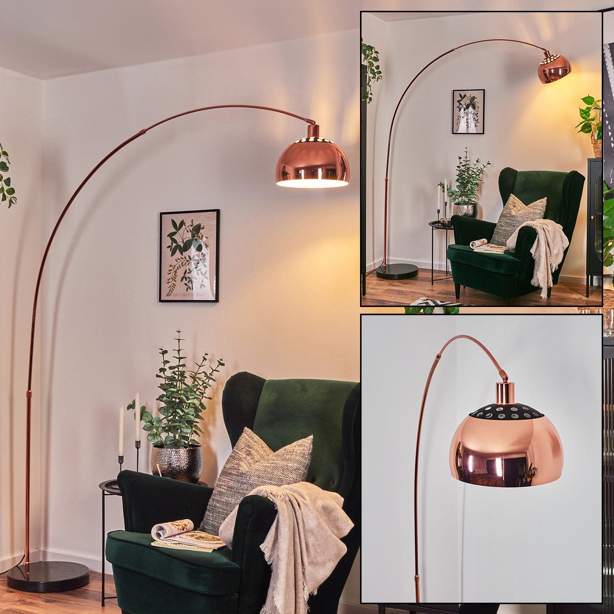 Bogenlampe Stehlampe aus Metall in Kupfer/Schwarz/Weiß mit Marmorfuß