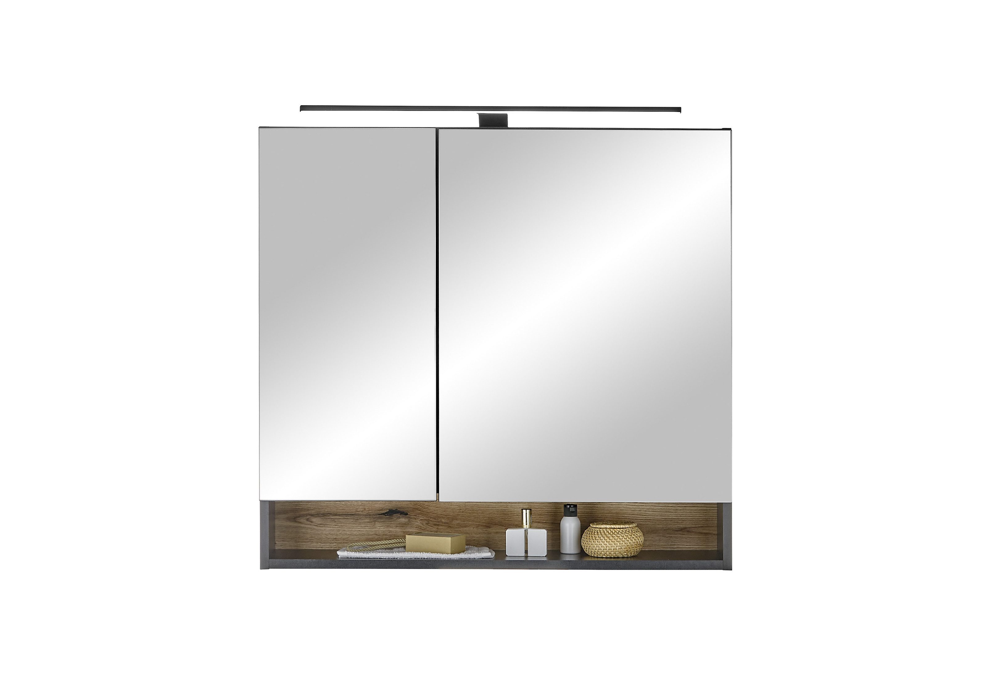 BEGA BBK Badezimmerspiegelschrank LED, Steckdose, schwarz matt / evoke eiche Dekor - 80x75x22cm (BxHxT)