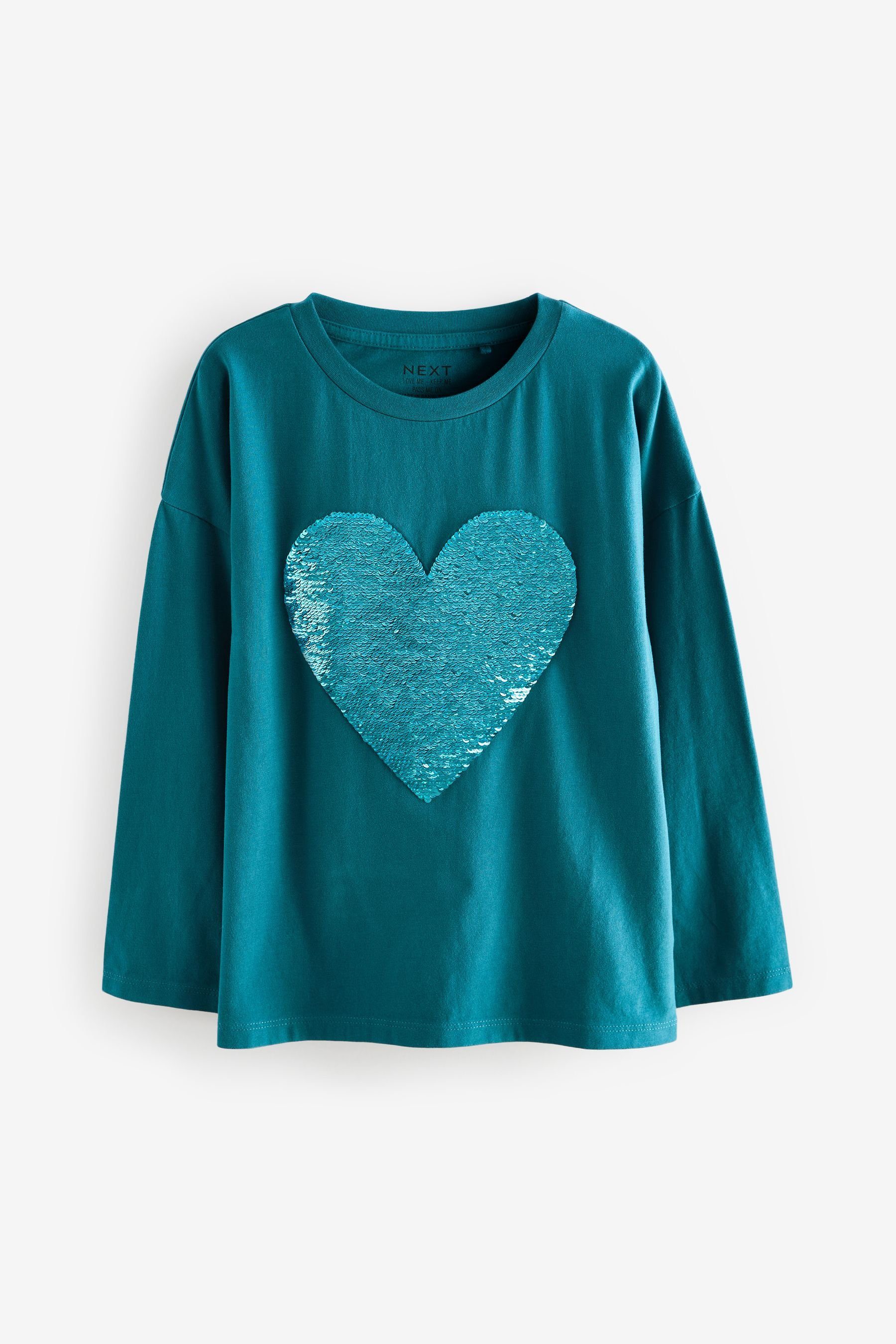 Next Langarmshirt Langärmeliges T-Shirt mit Herzmotiv aus Pailletten (1-tlg) Teal Blue