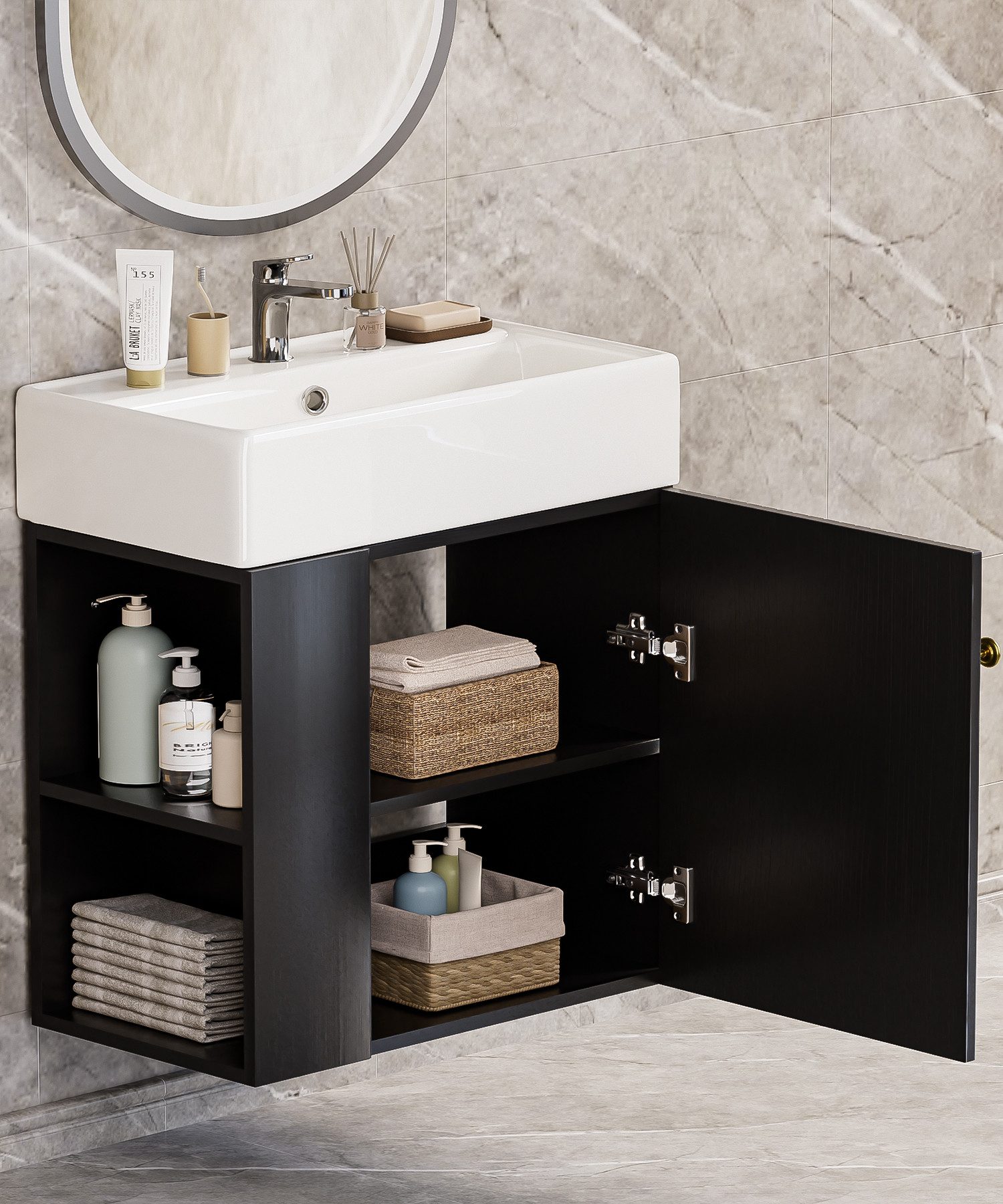 Yorbay Waschtisch Badmöbel Waschtischunterschrank (Breite 55 cm, Badschrank mit Waschbecken), Waschbecken mit Waschtisch für kleine Badezimmer – Bild 2 von 5