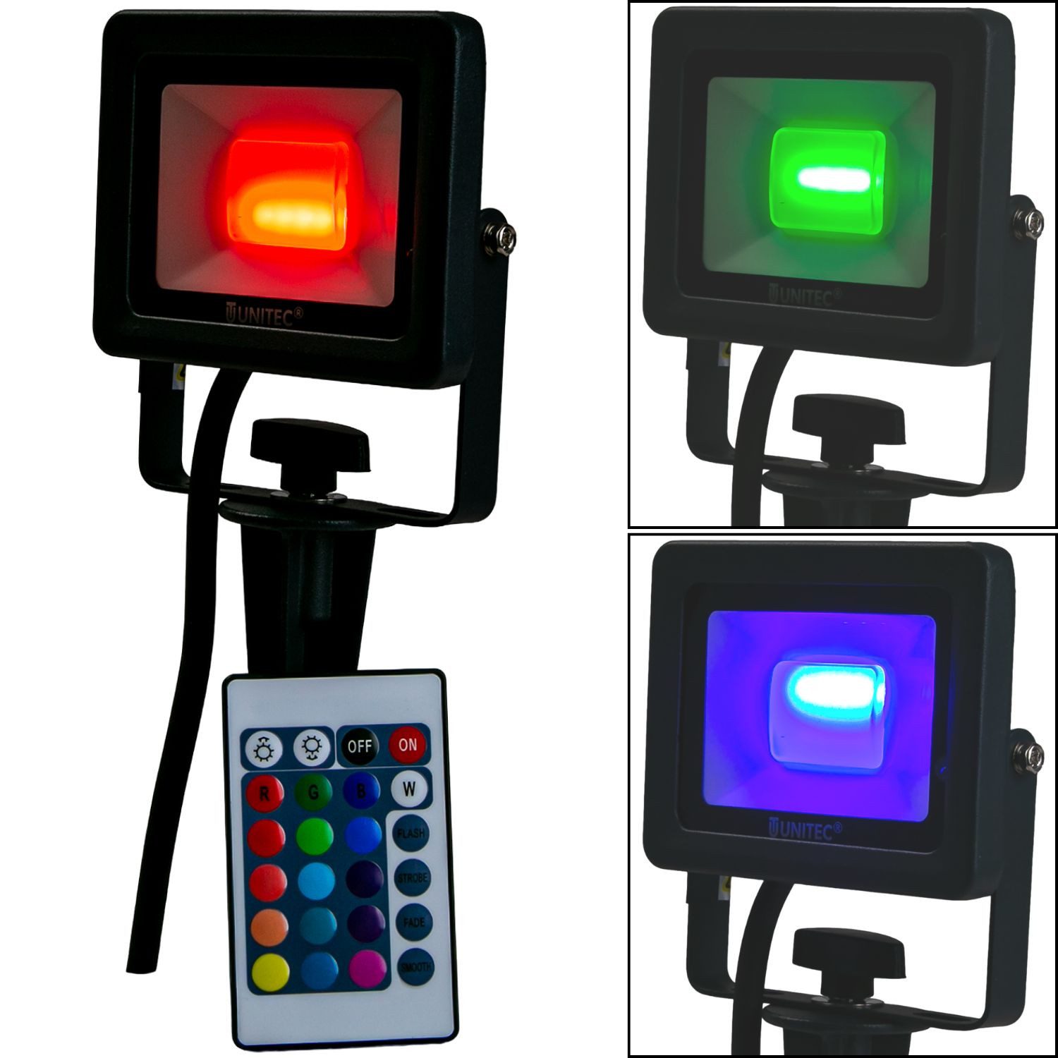 UNITEC LED Gartenstrahler 4x LED Strahler mit Erdspieß farbig Gartenlampe, LED fest eingebaut, Farbwechsler, Außenleuchte Outdoor IP65 Fernbedienung Gartenstrahler bunt Spot Außen