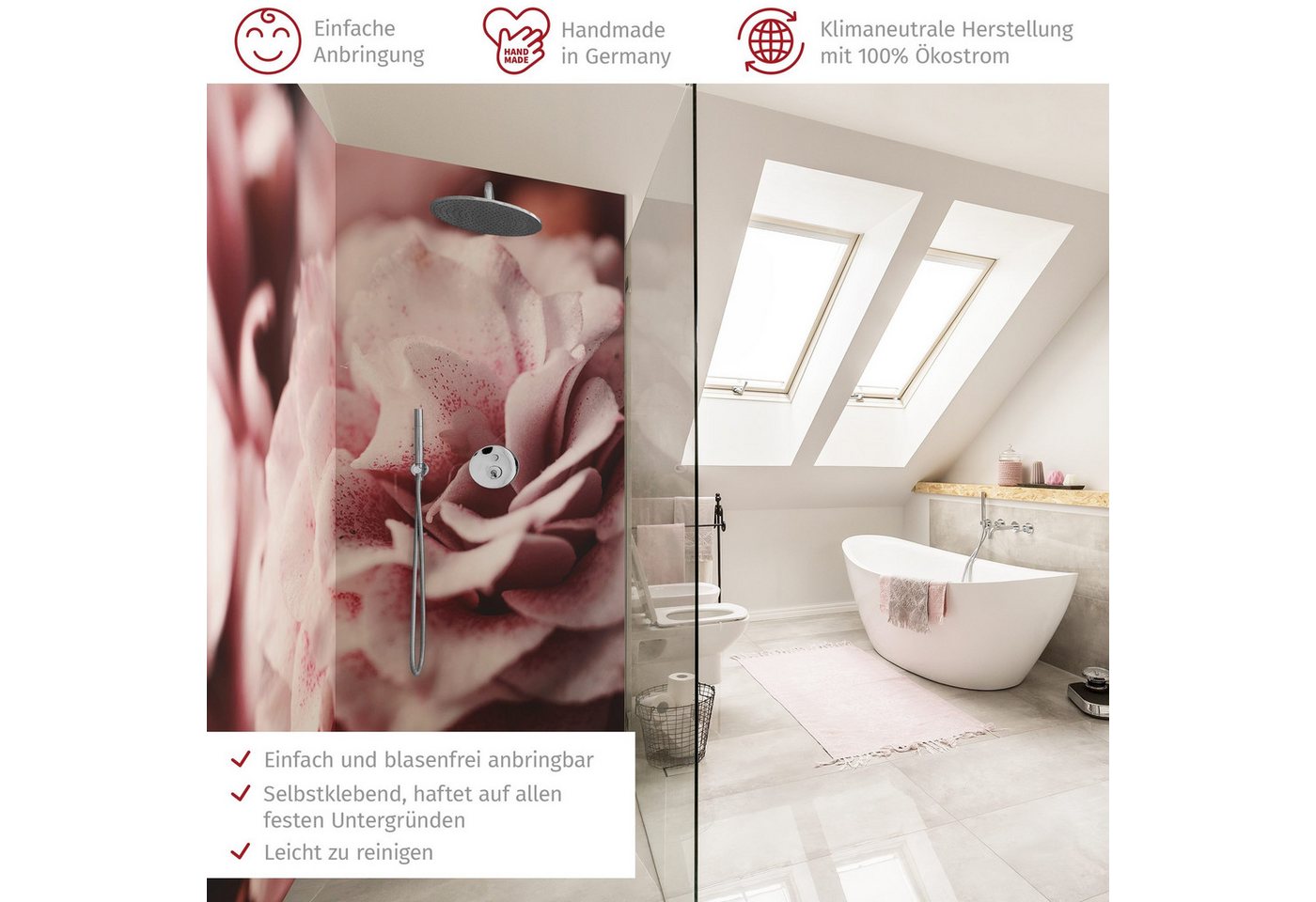 Thumbnail - Bilderdepot24 Badrückwand Blumen rosa Duschrückwand ohne Bohren Landhaus Shabby, (2-tlg., Hart-Folie Smart matt 0,35 mm)...