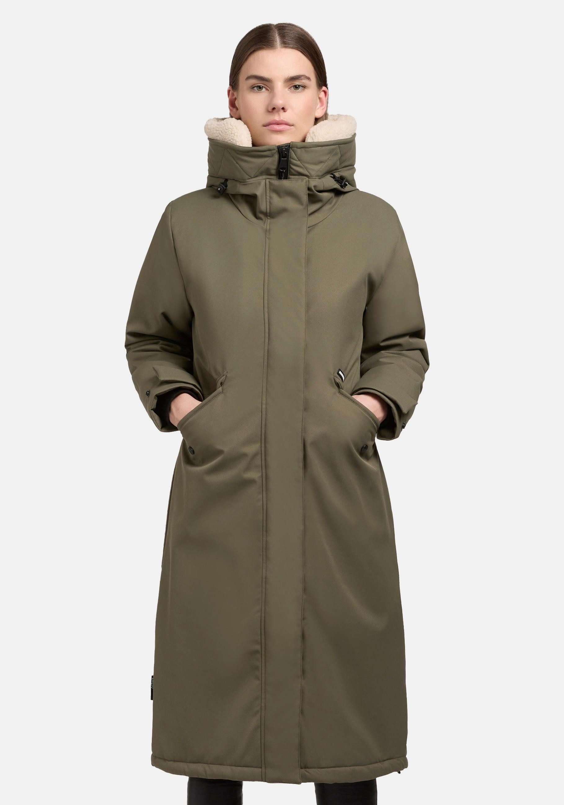 khujo Wintermantel Agneta-YM Langer Damen Mantel mit Kunstfellkragen an der Kapuze
